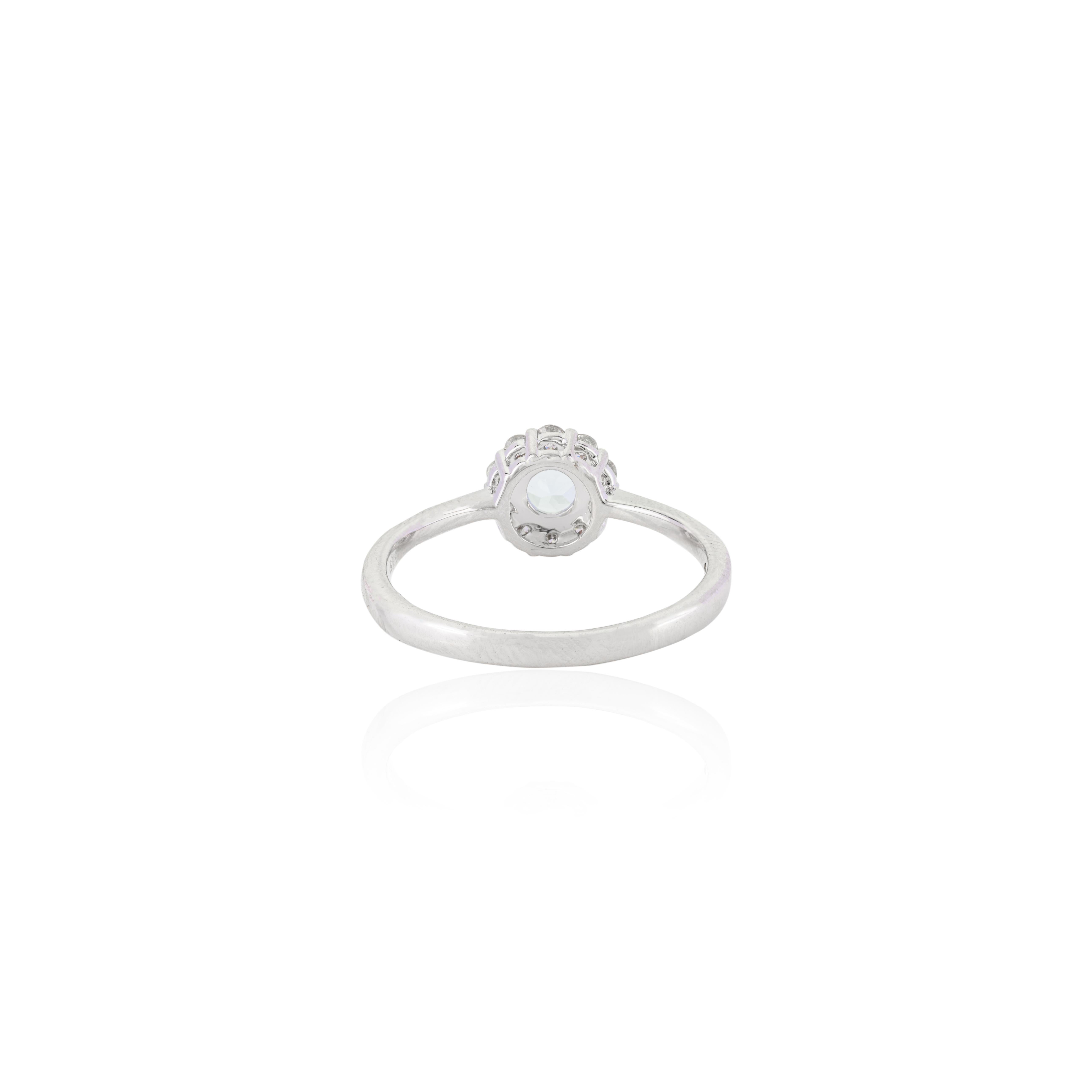 For Sale:  Dainty Aquamarine Halo Diamond Ring Gift for Girlfriend in 14k White Gold 3