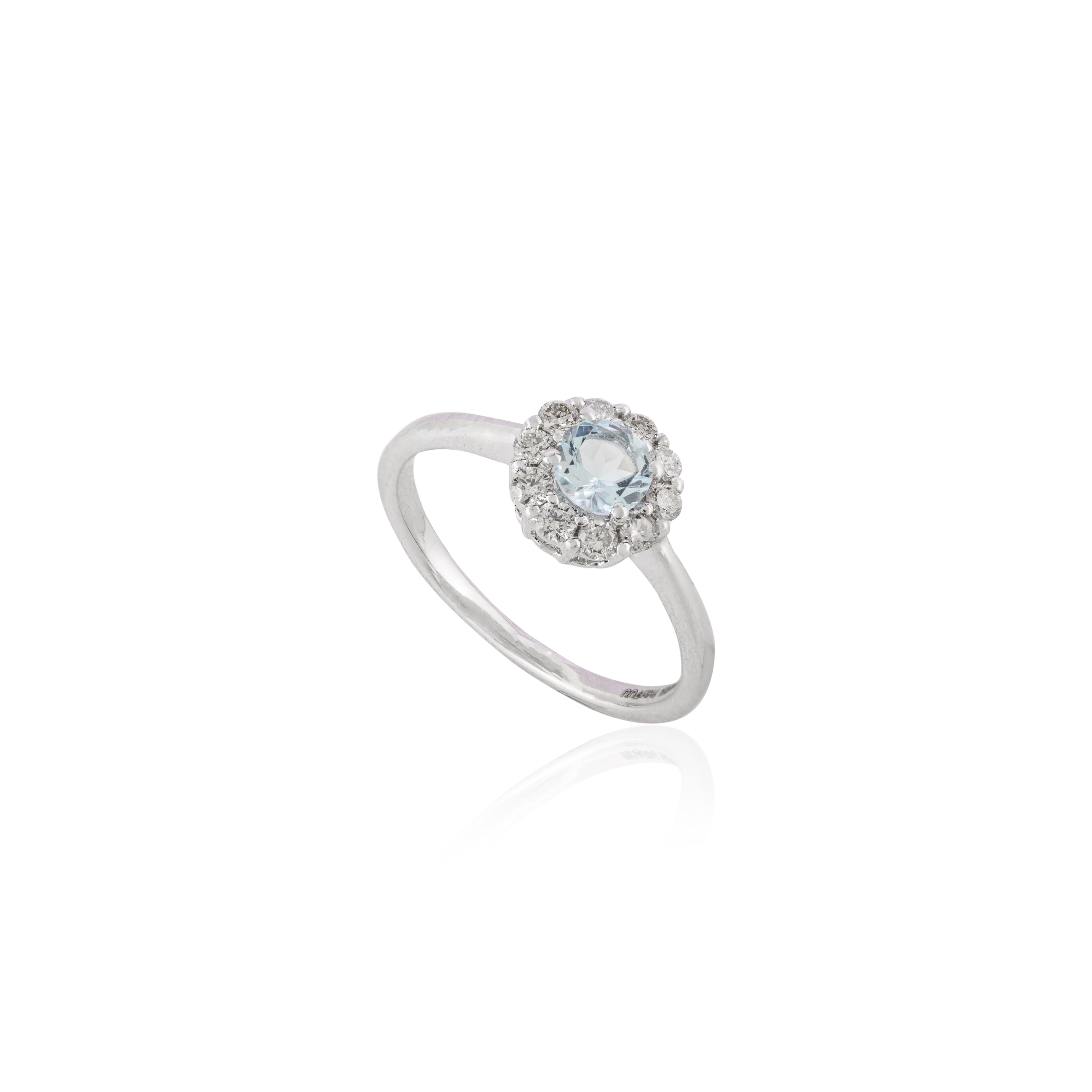 For Sale:  Dainty Aquamarine Halo Diamond Ring Gift for Girlfriend in 14k White Gold 5