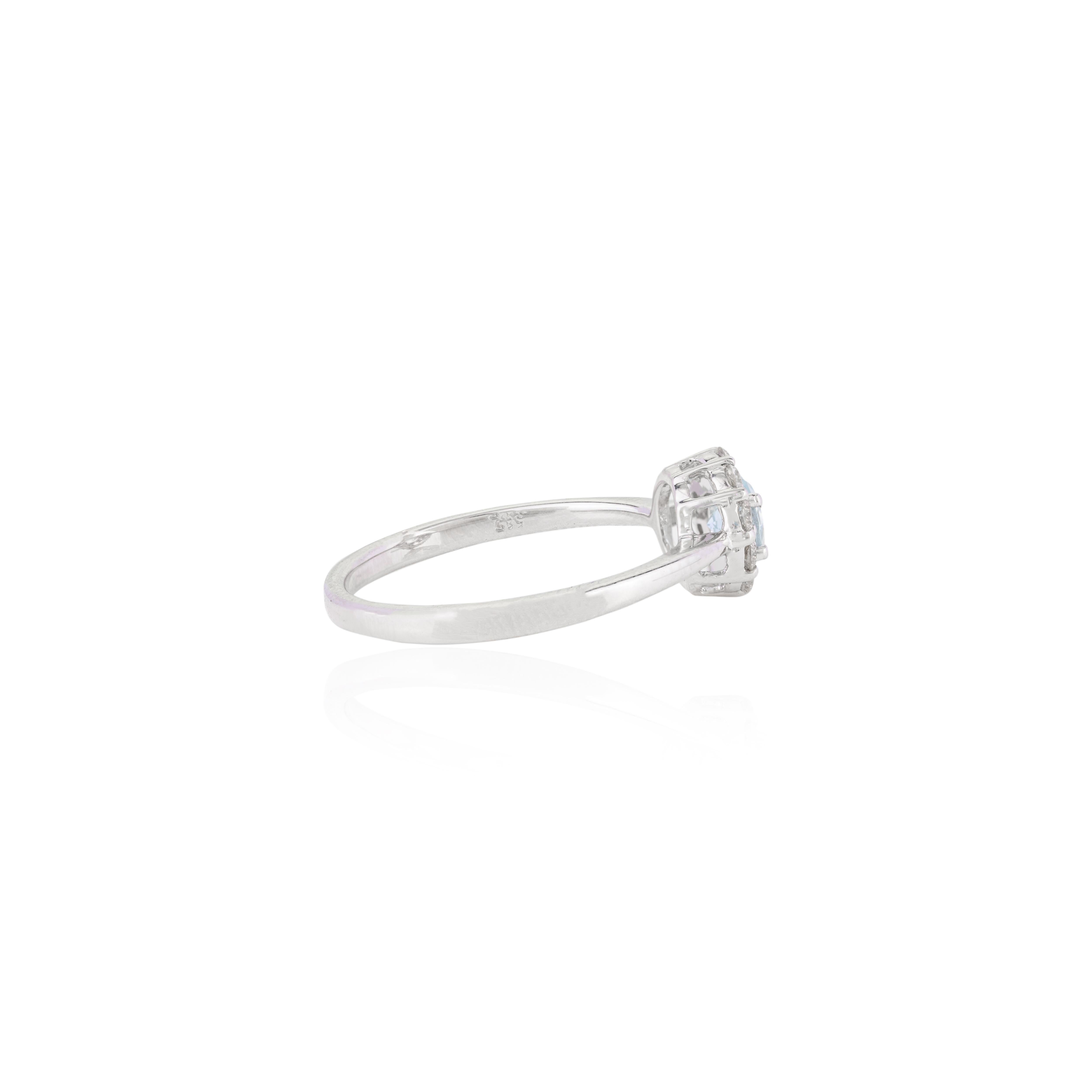 For Sale:  Dainty Aquamarine Halo Diamond Ring Gift for Girlfriend in 14k White Gold 7