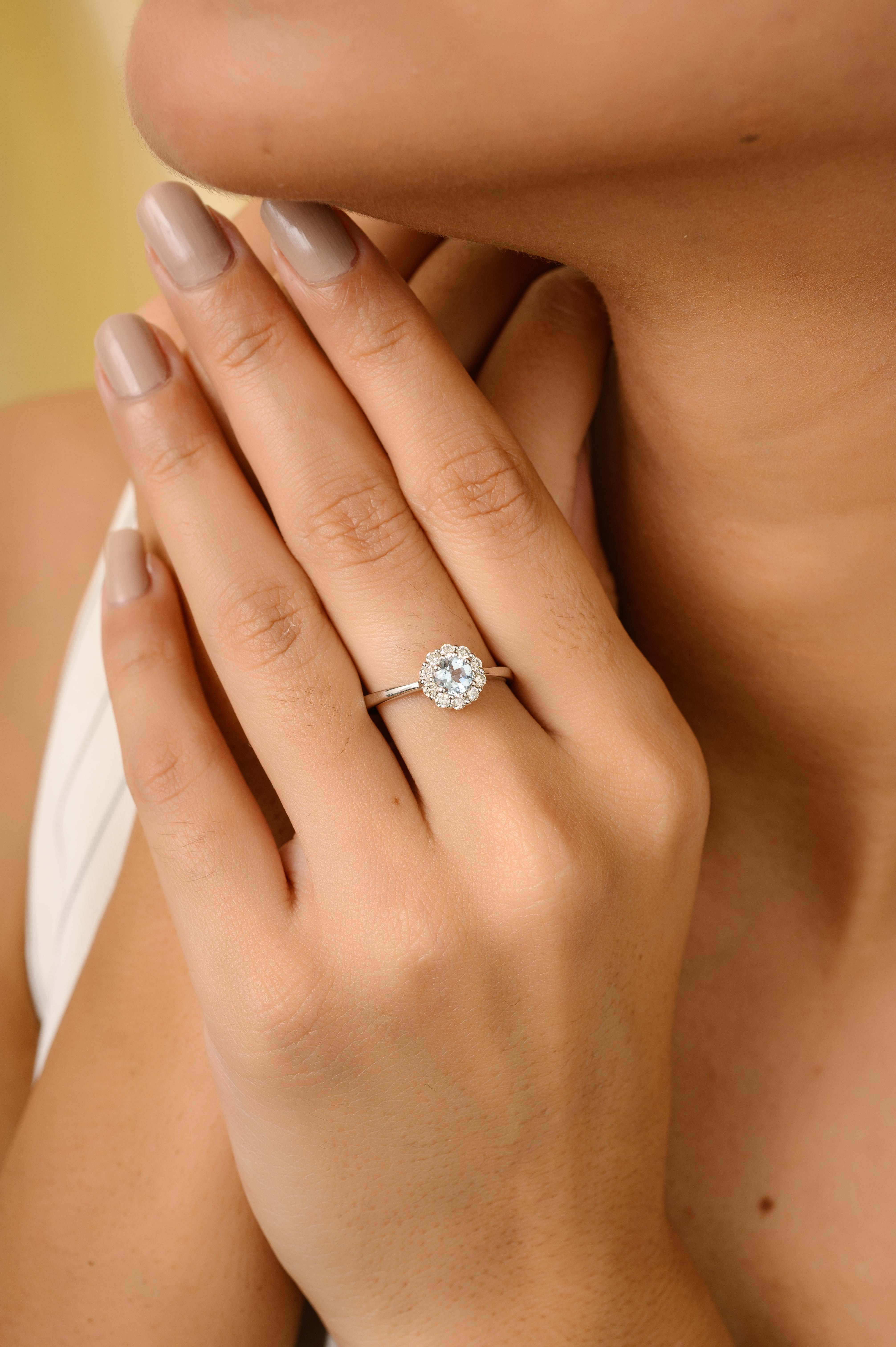 For Sale:  Dainty Aquamarine Halo Diamond Ring Gift for Girlfriend in 14k White Gold 4