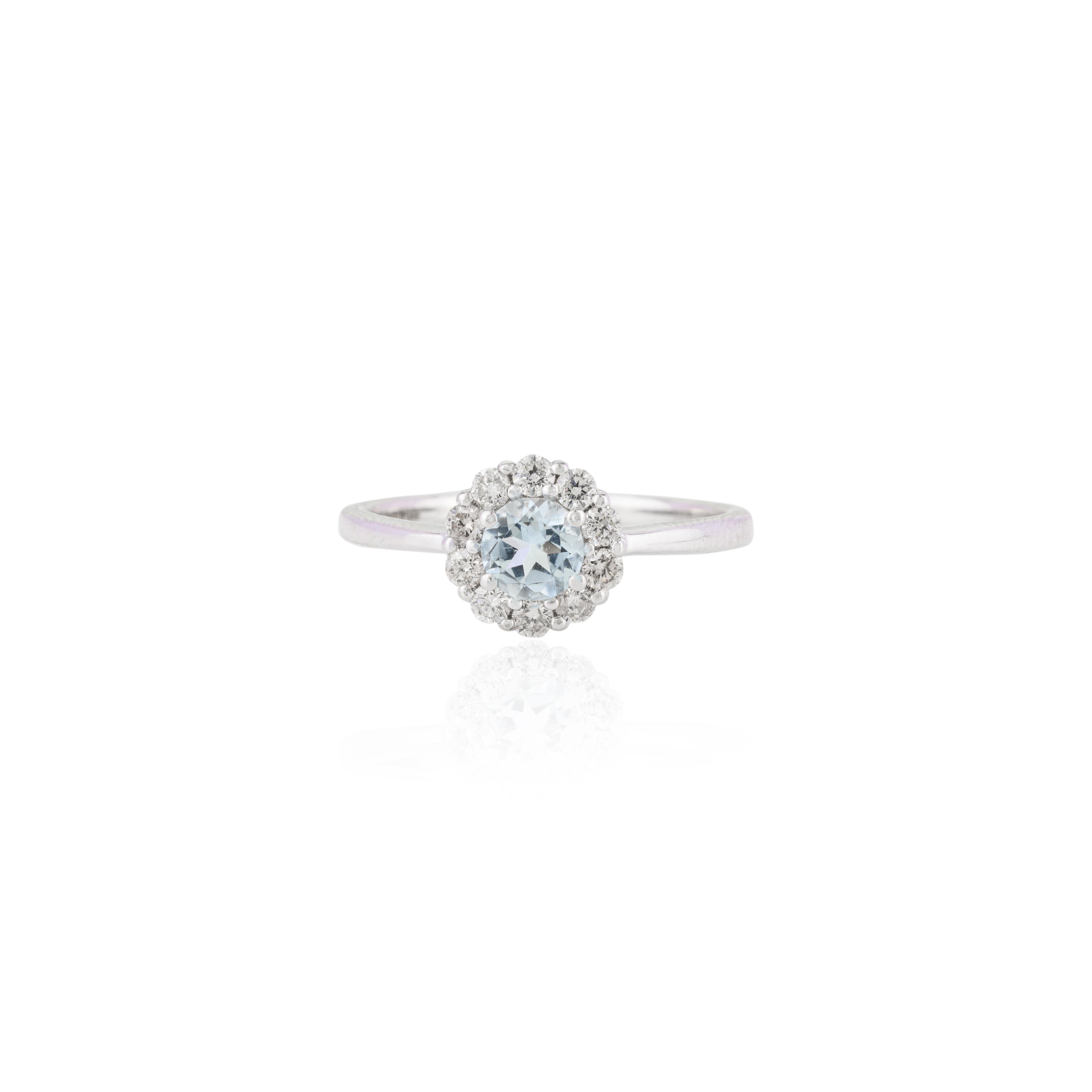 For Sale:  Dainty Aquamarine Halo Diamond Ring Gift for Girlfriend in 14k White Gold 8