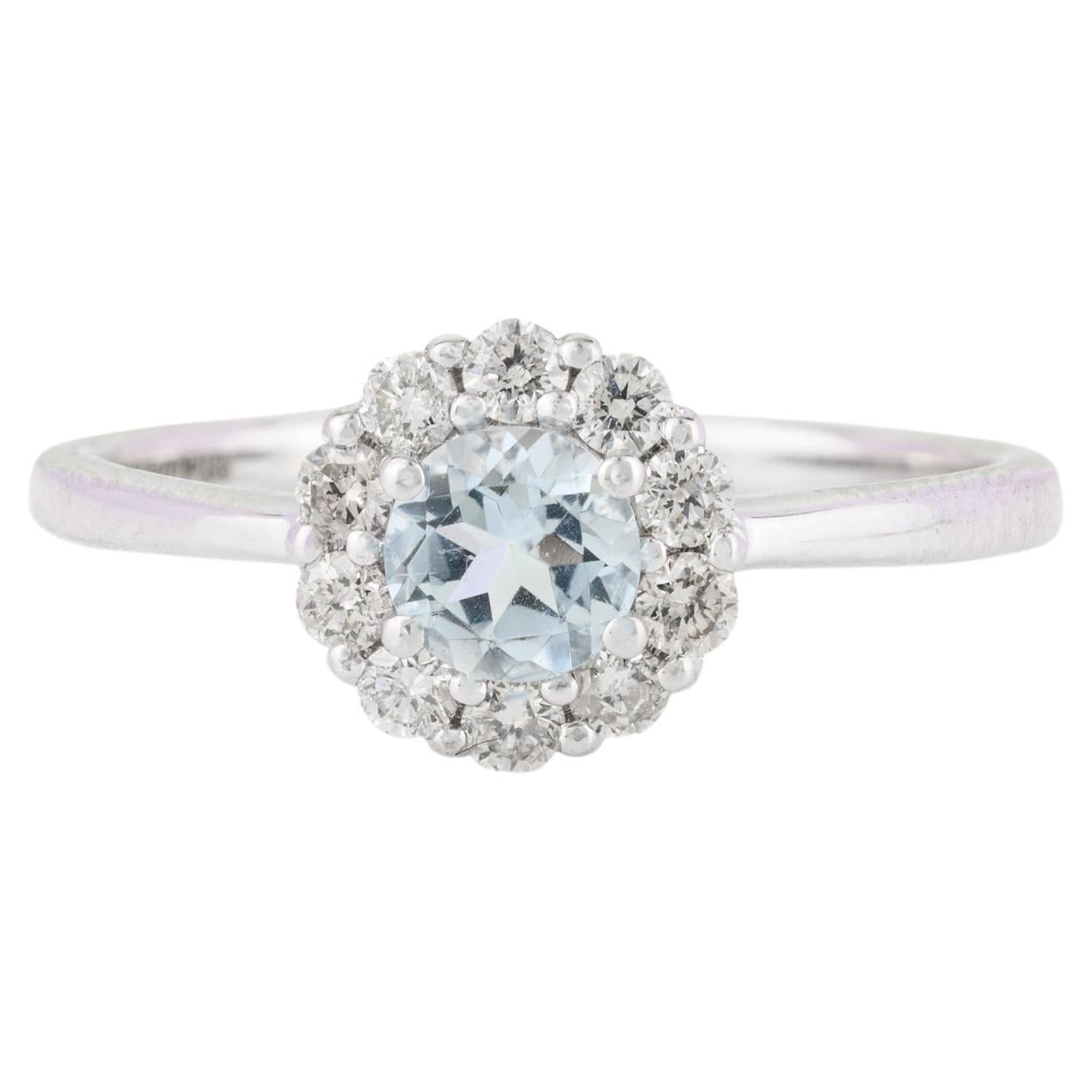For Sale:  Dainty Aquamarine Halo Diamond Ring Gift for Girlfriend in 14k White Gold