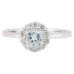 Dainty Aquamarine Halo Diamond Ring Gift for Girlfriend in 14k White Gold