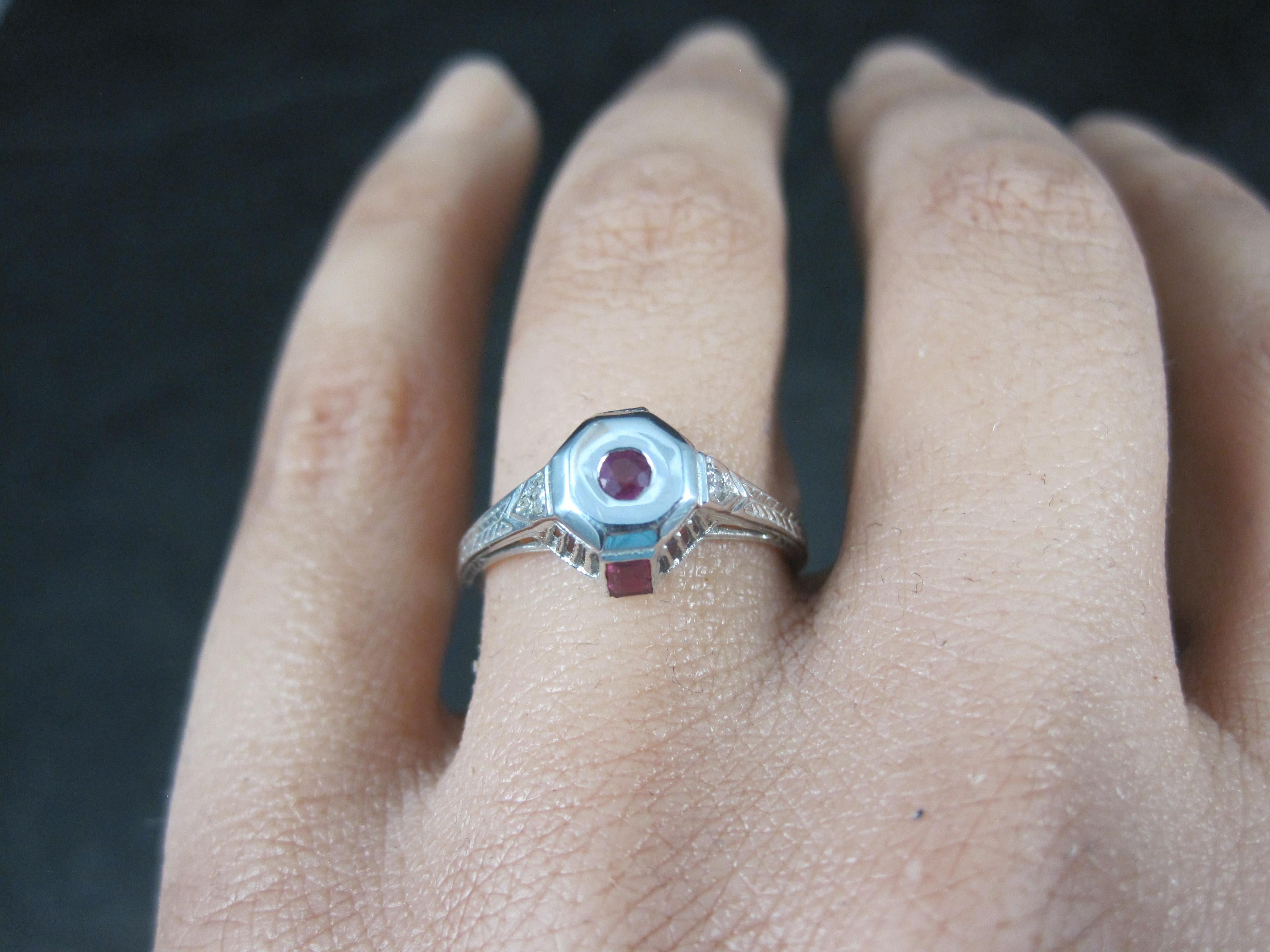 Dainty Art Deco 9k Ruby Diamond Engagement Ring For Sale 5