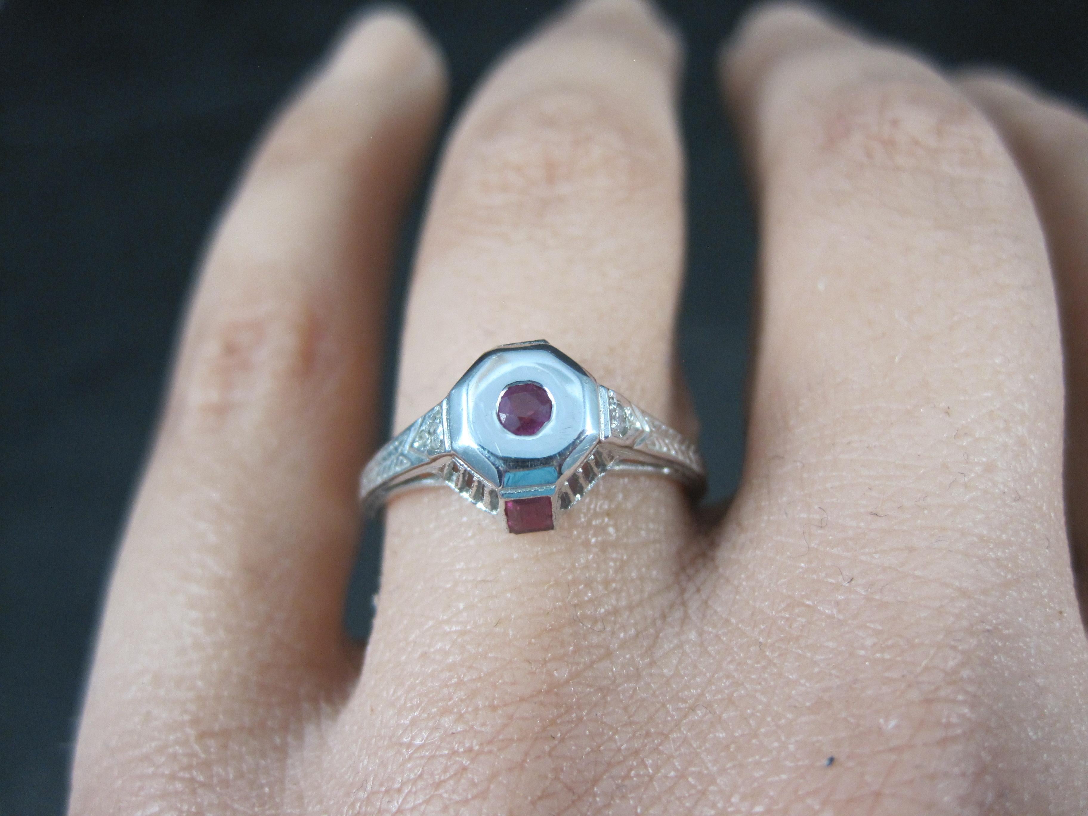 Dainty Art Deco 9k Ruby Diamond Engagement Ring For Sale 6