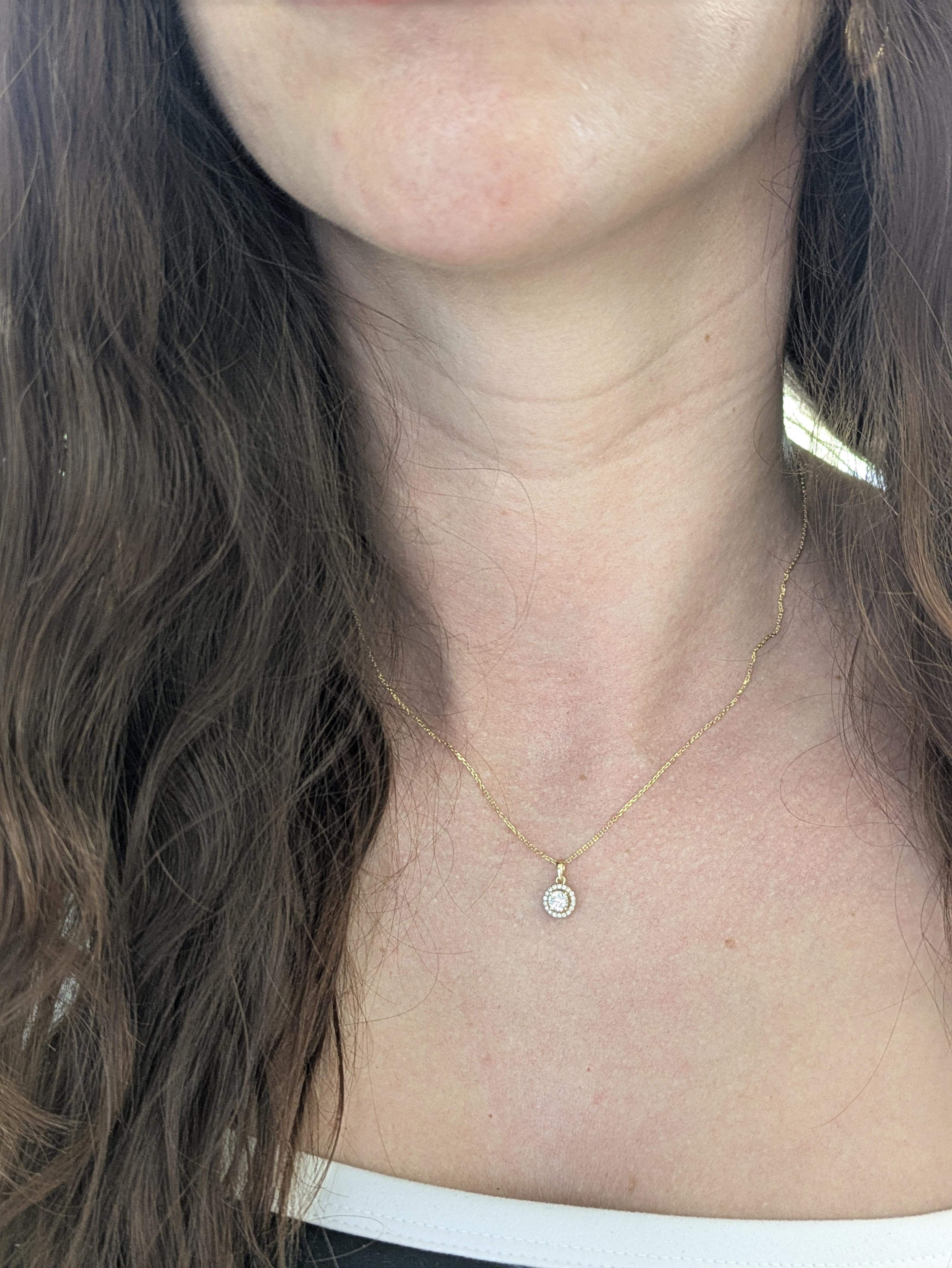 Round Cut Dainty Art Deco Earth Mined Diamond Pendant w Diamond Halo in 14K Gold  RD 4mm For Sale