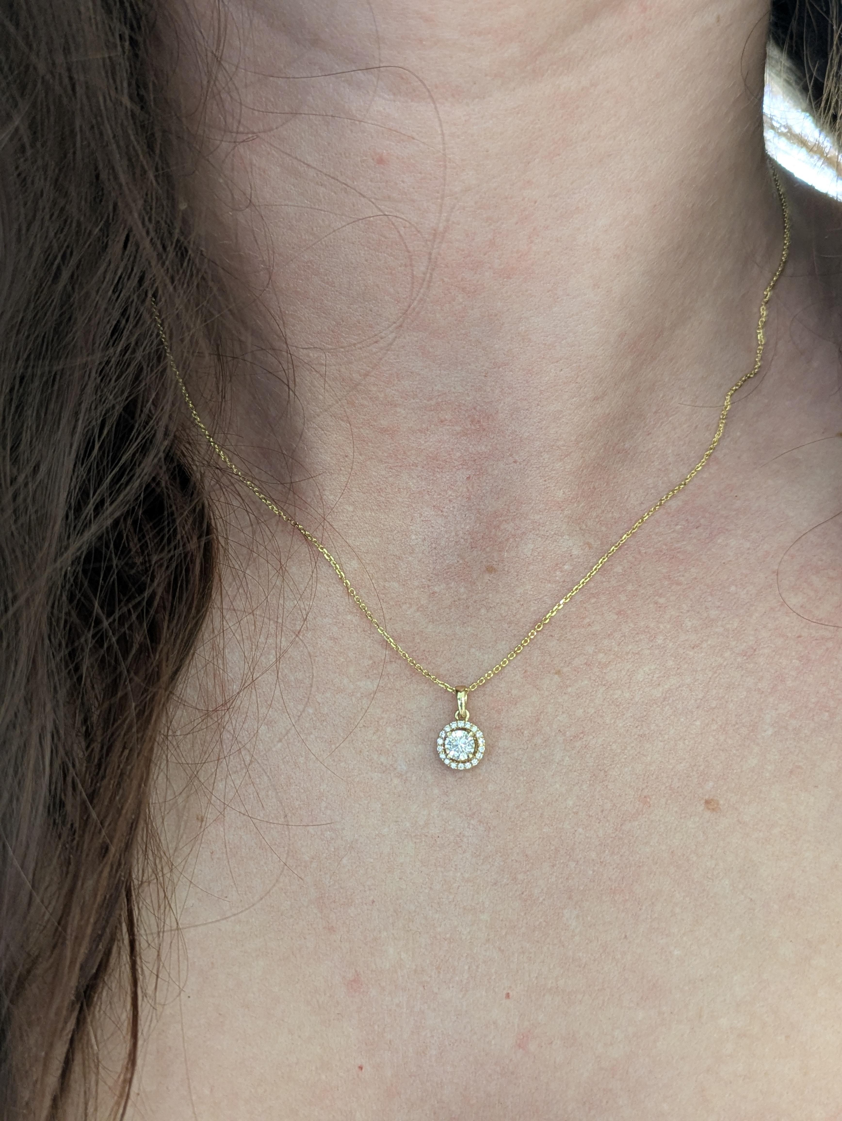 Dainty Art Deco Earth Mined Diamond Pendant w Diamond Halo in 14K Gold  RD 4mm In New Condition For Sale In Columbus, OH