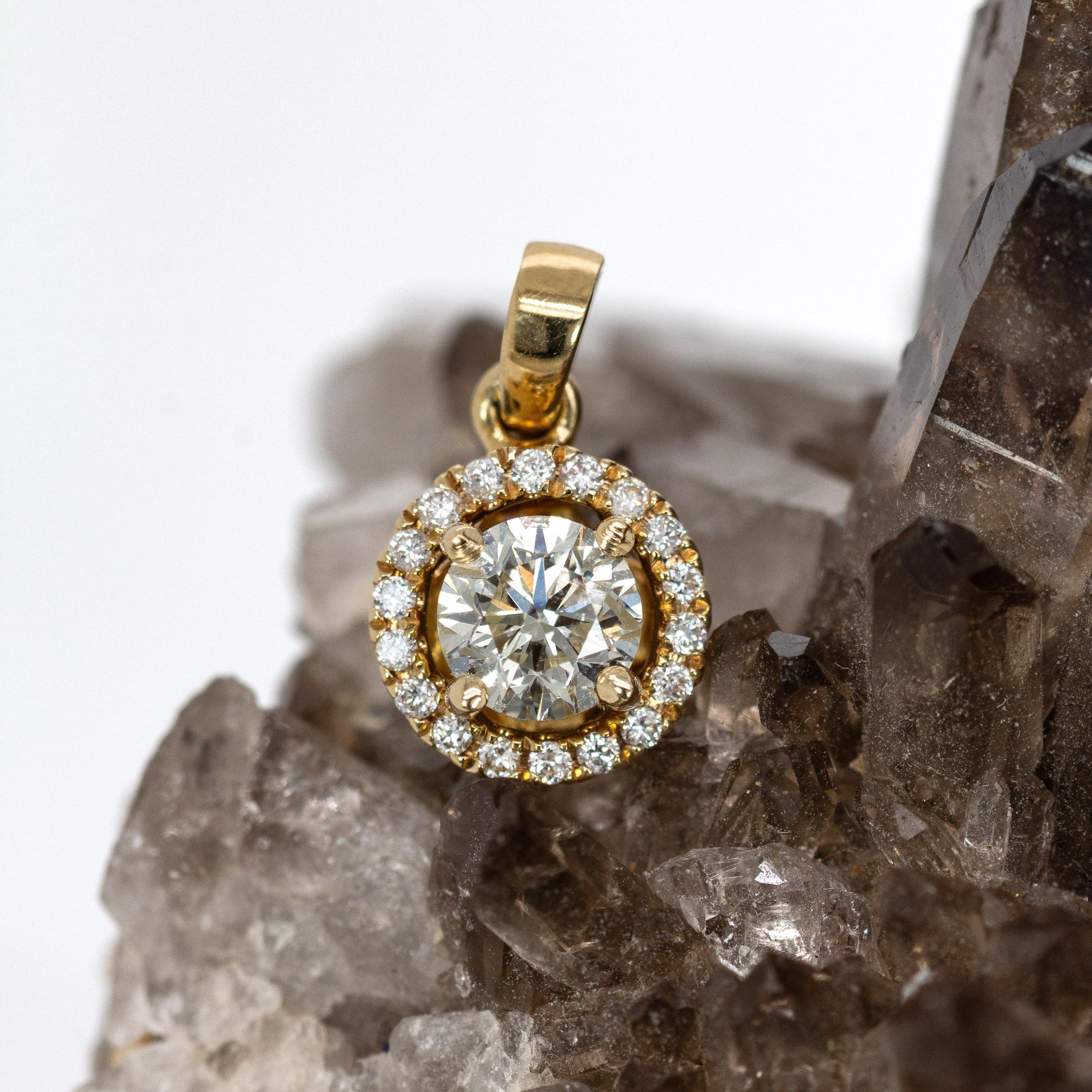 Women's Dainty Art Deco Earth Mined Diamond Pendant w Diamond Halo in 14K Gold  RD 4mm For Sale