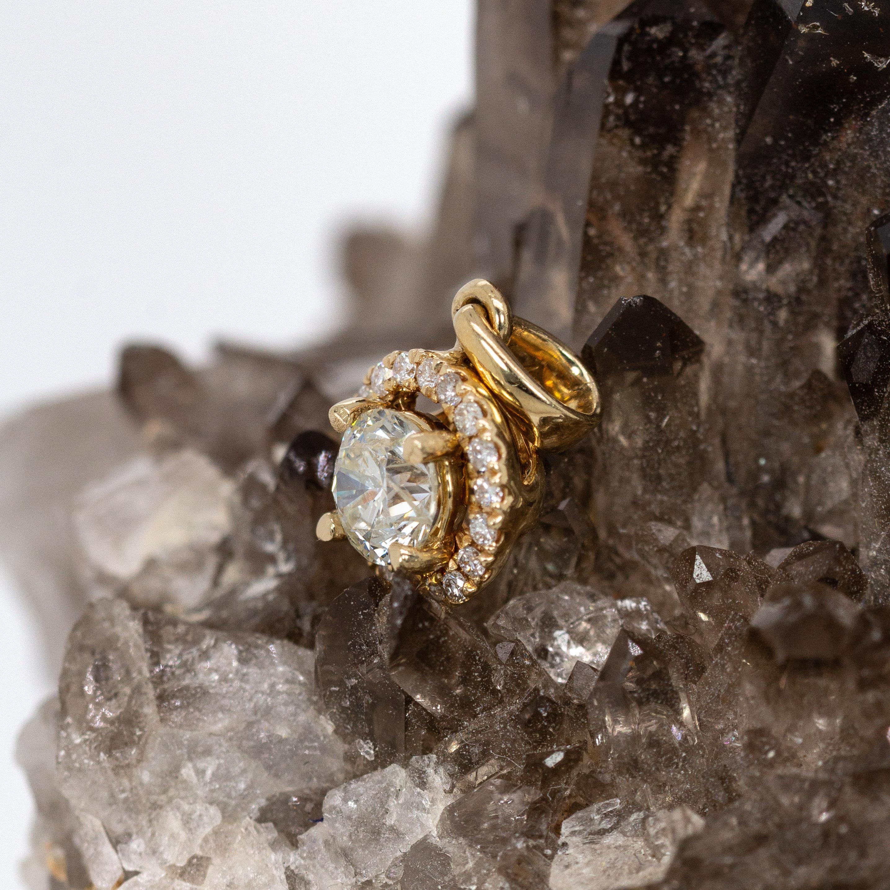 Dainty Art Deco Earth Mined Diamond Pendant w Diamond Halo in 14K Gold  RD 4mm For Sale 1