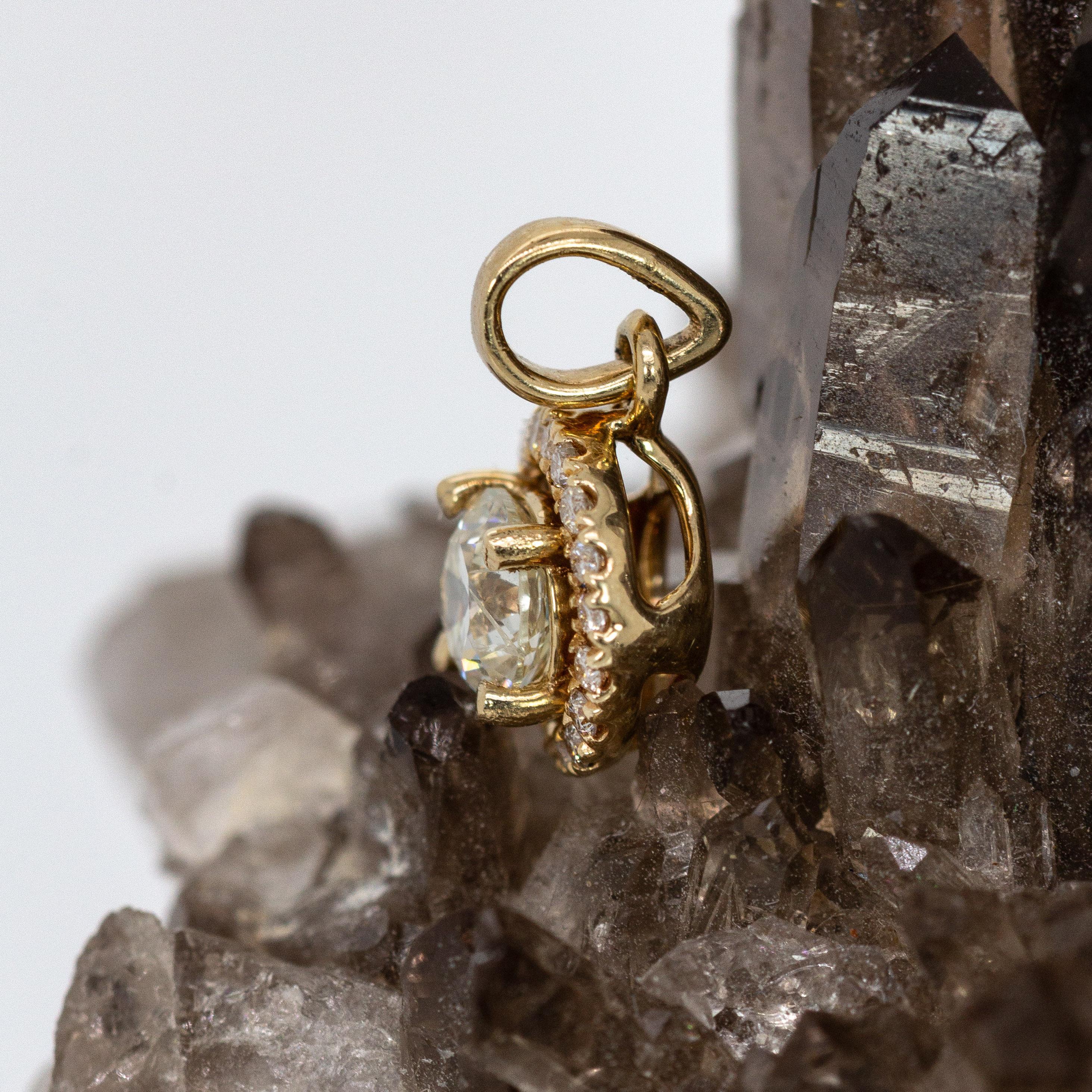 Dainty Art Deco Earth Mined Diamond Pendant w Diamond Halo in 14K Gold  RD 4mm For Sale 2