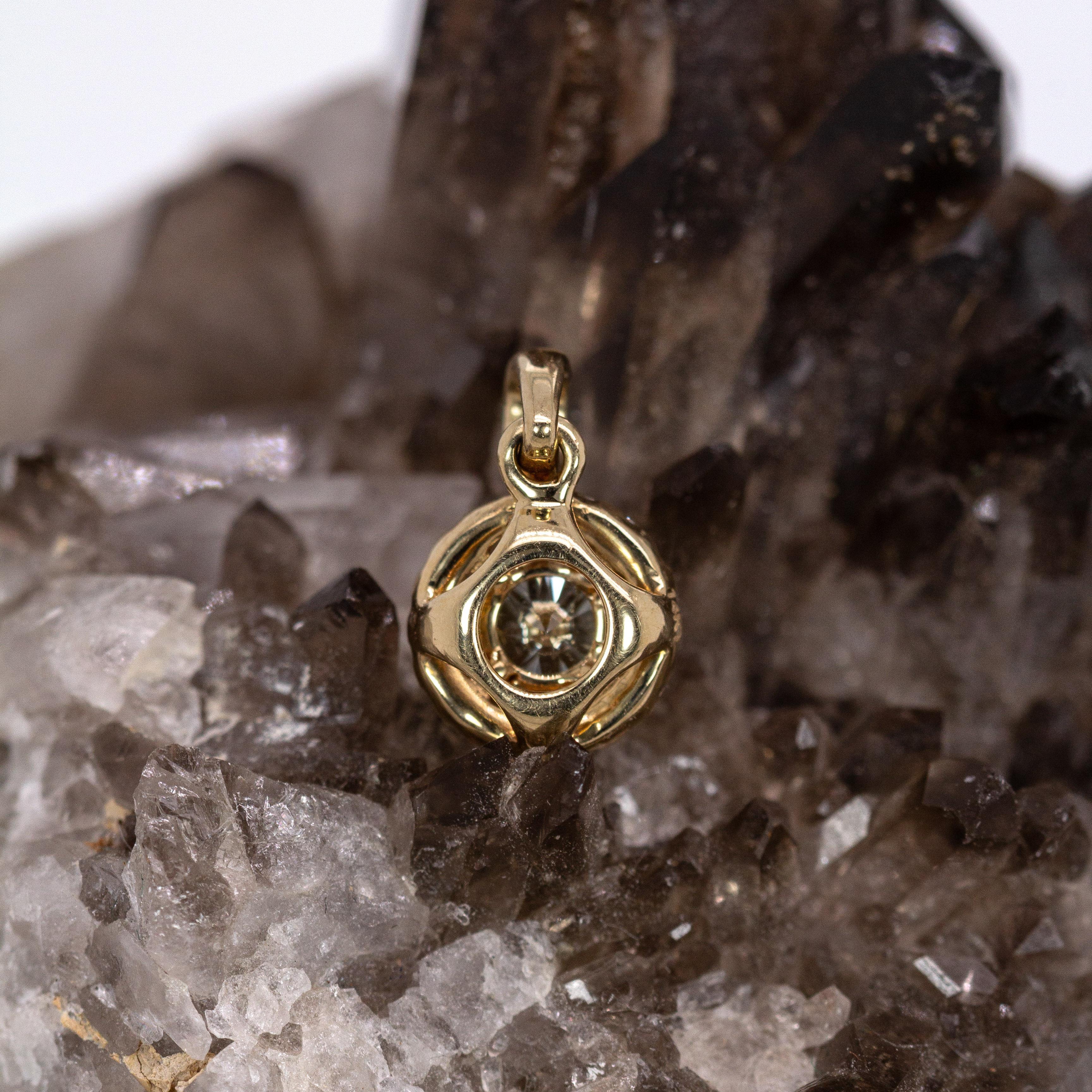 Dainty Art Deco Earth Mined Diamond Pendant w Diamond Halo in 14K Gold  RD 4mm For Sale 3