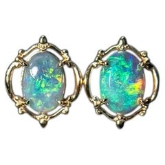 Dainty Australian Solid Black Opal Stud Earrings 14K Yellow Gold