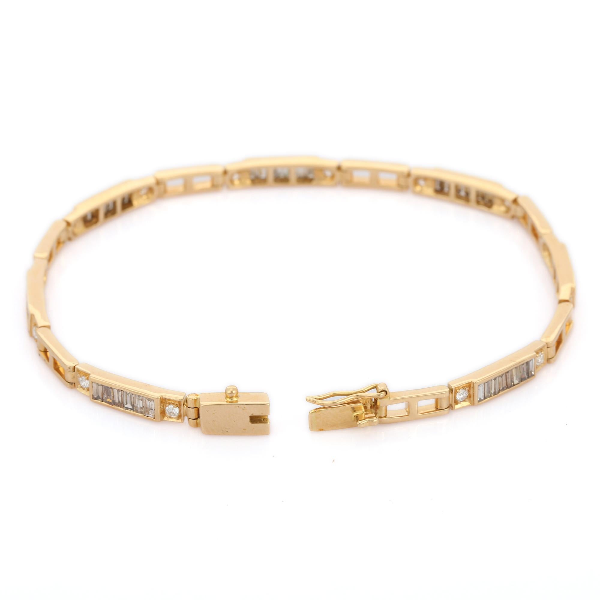 Diamond bracelet in 18K Gold. It has a perfect baguette cut diamonds to make you stand out on any occasion or an event. 
A tennis bracelet is an essential piece of jewelry when it comes to your wedding day. The sleek and elegant style complements