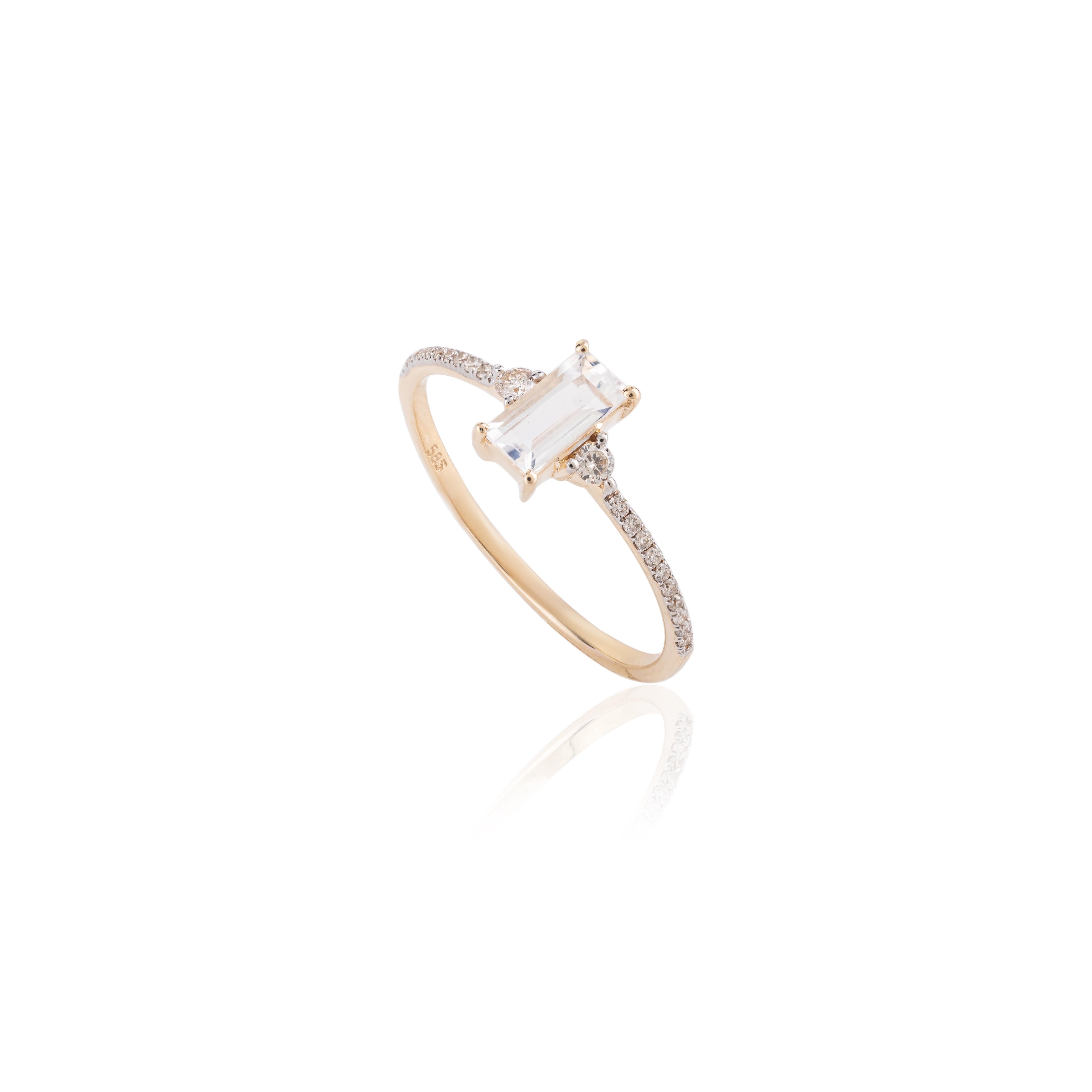 For Sale:  Dainty Baguette Cut Moonstone and Diamond Ring for Her in 14k Solid Yellow Gold 8