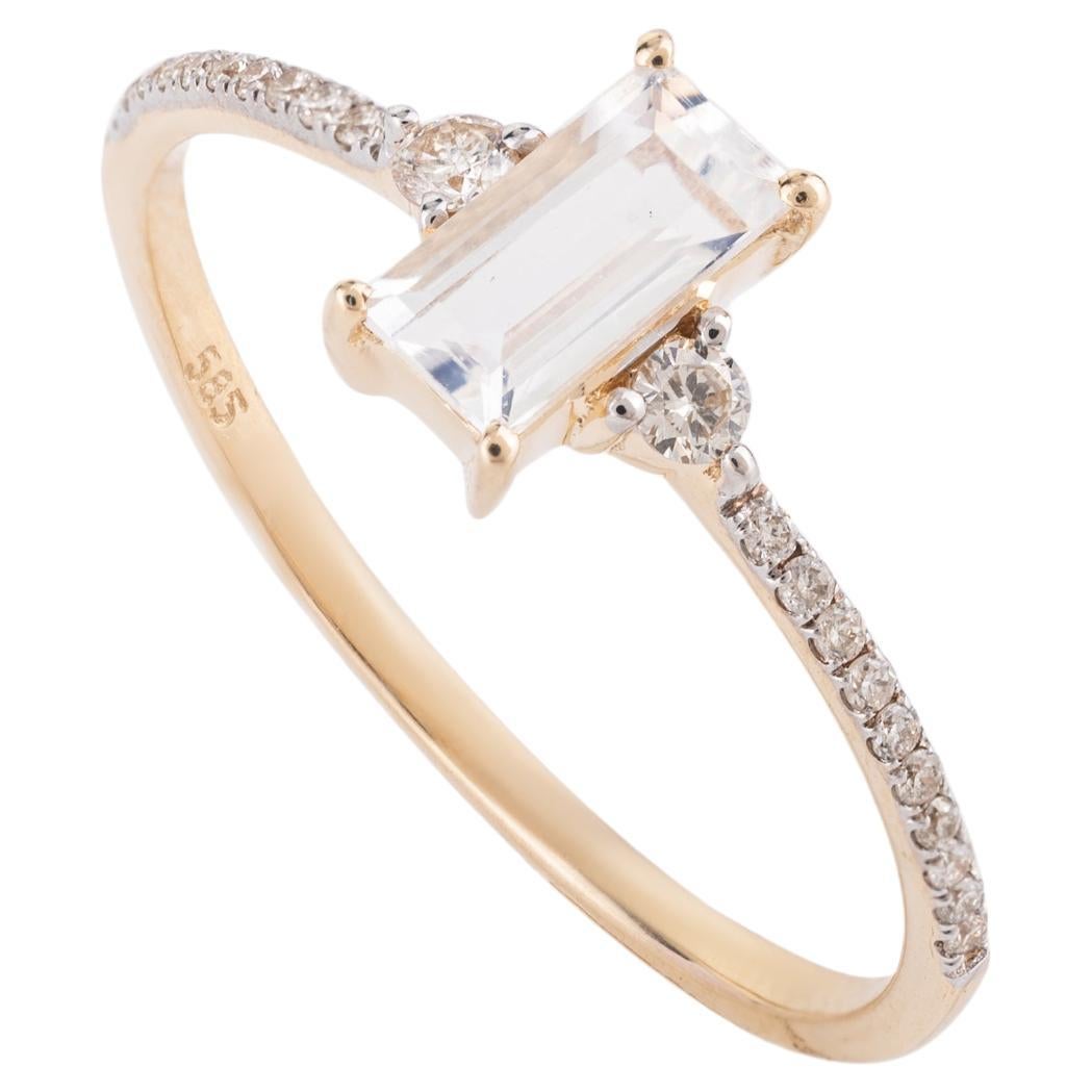 For Sale:  Dainty Baguette Cut Moonstone and Diamond Ring for Her in 14k Solid Yellow Gold