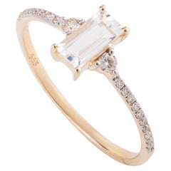 Dainty Baguette Cut Moonstone and Diamond Ring for Her in 14k Solid Yellow Gold