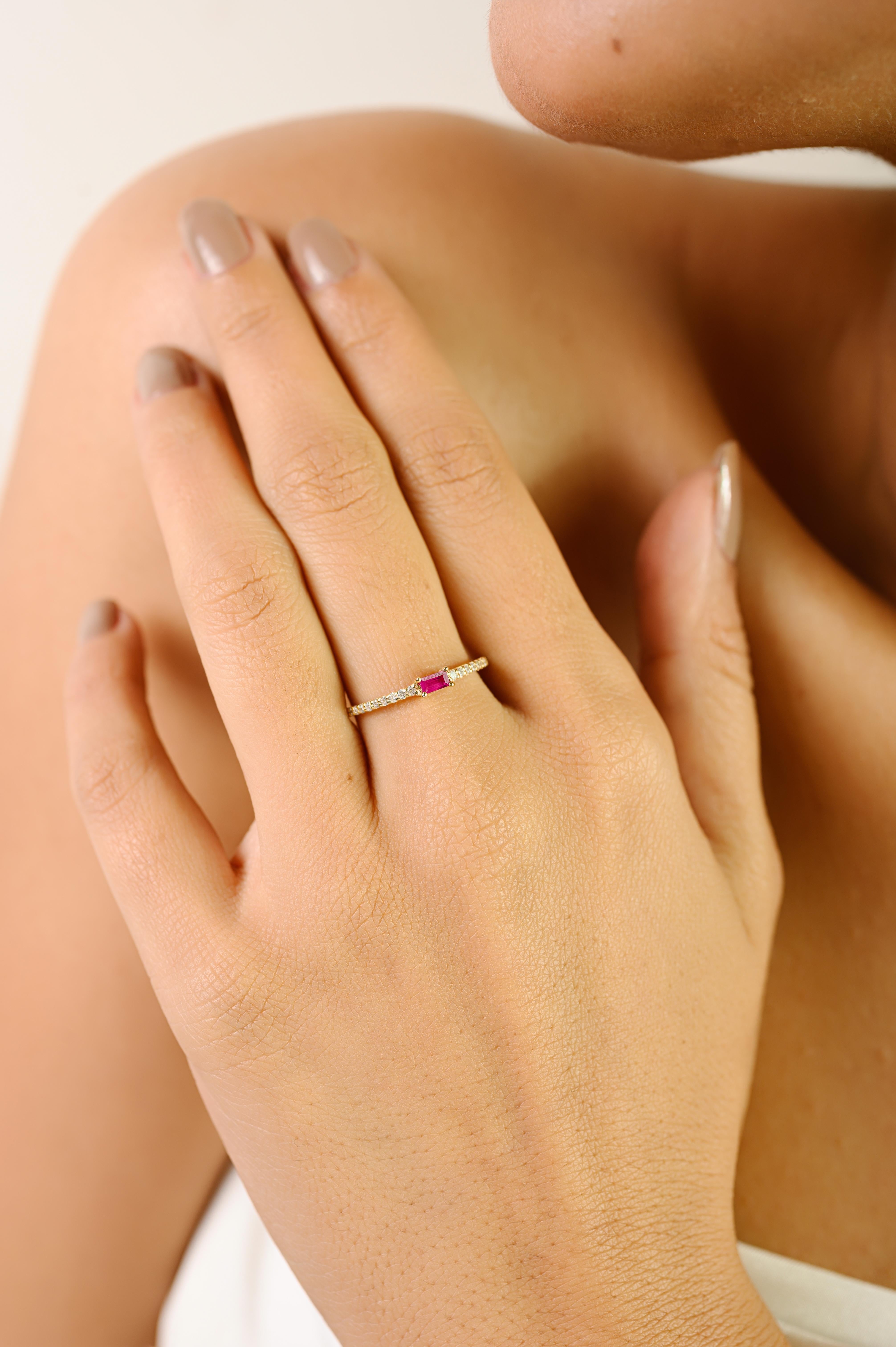 For Sale:  Dainty Baguette Cut Ruby & Diamond Half-Eternity Band Ring in 14k Yellow Gold 4