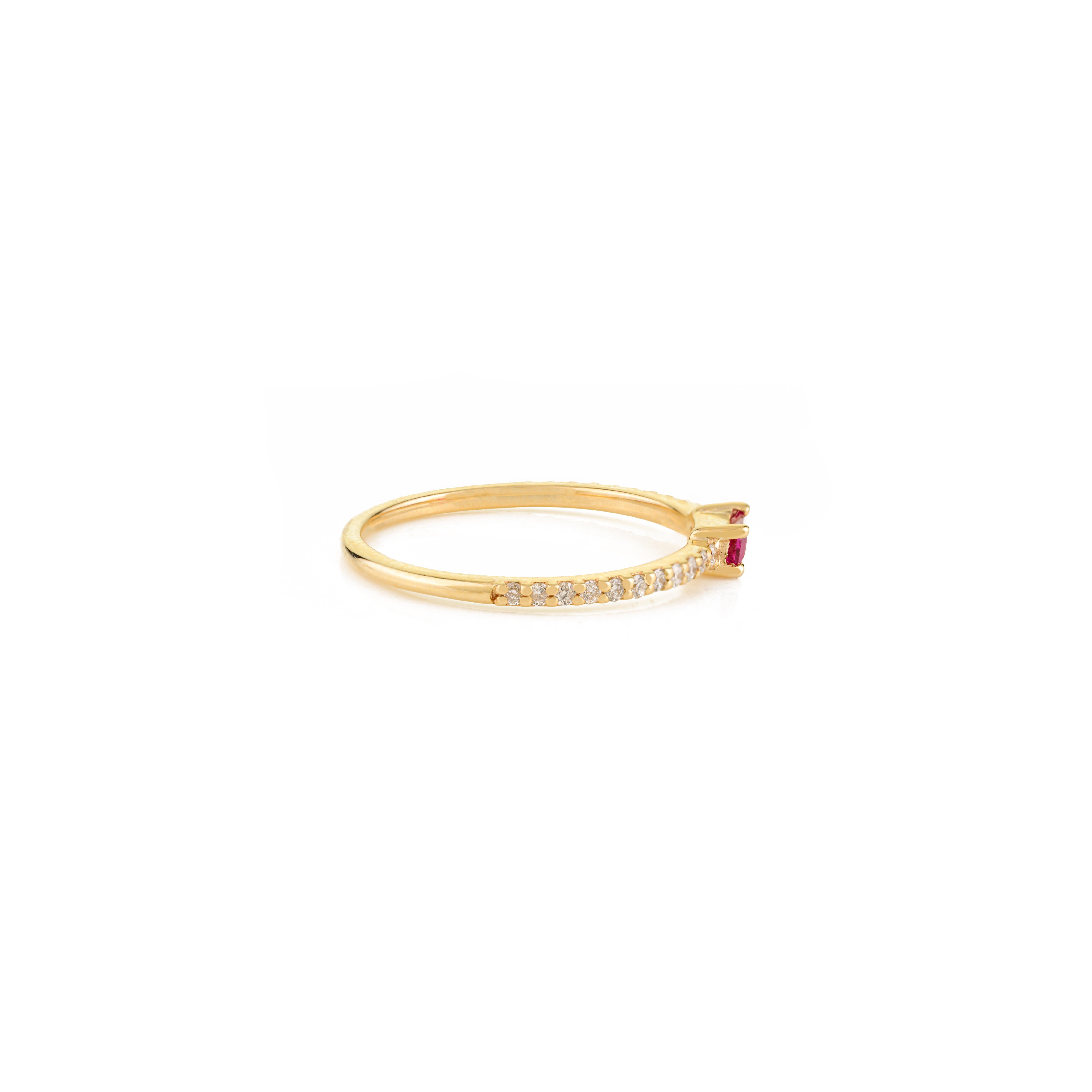 For Sale:  Dainty Baguette Cut Ruby & Diamond Half-Eternity Band Ring in 14k Yellow Gold 5
