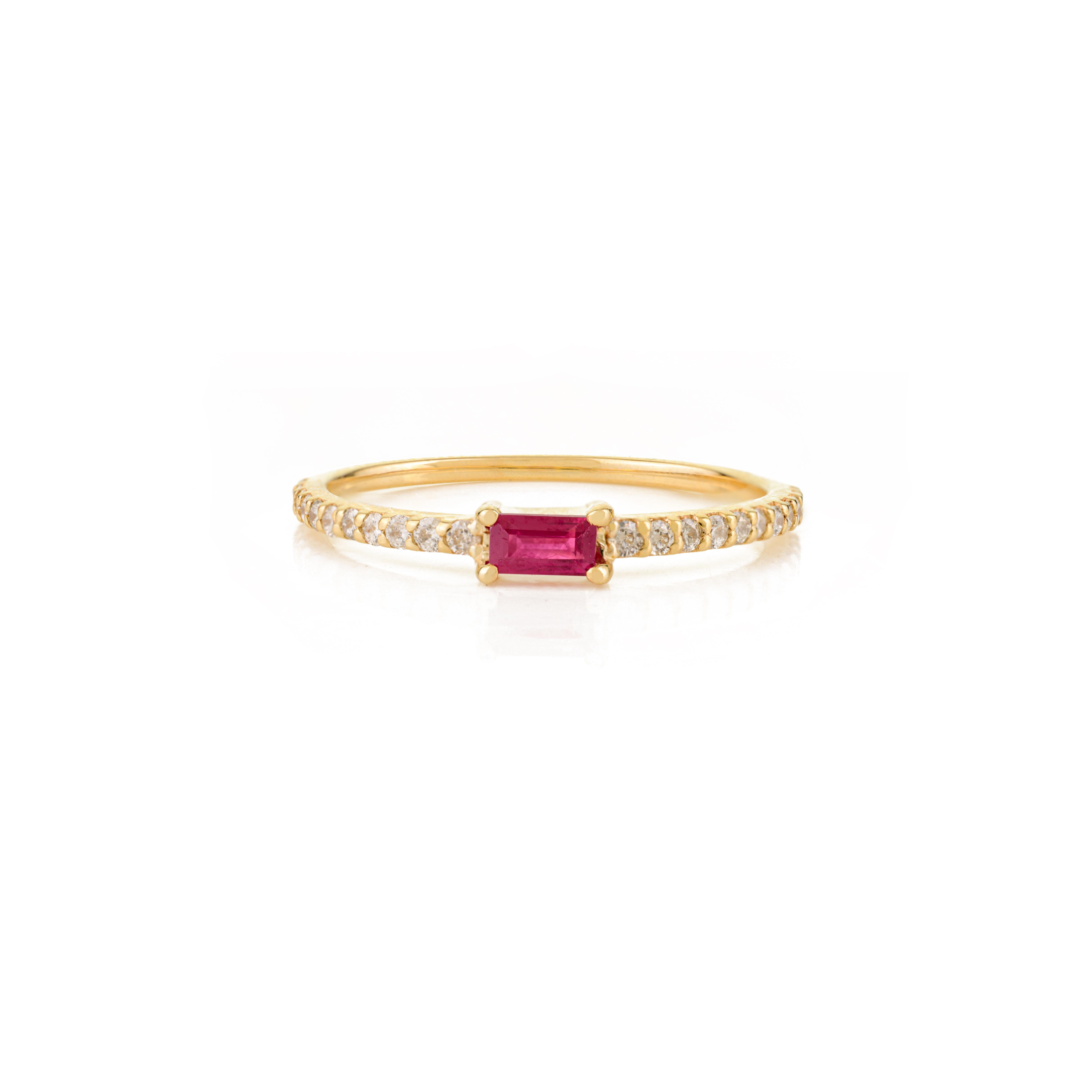 For Sale:  Dainty Baguette Cut Ruby & Diamond Half-Eternity Band Ring in 14k Yellow Gold 7
