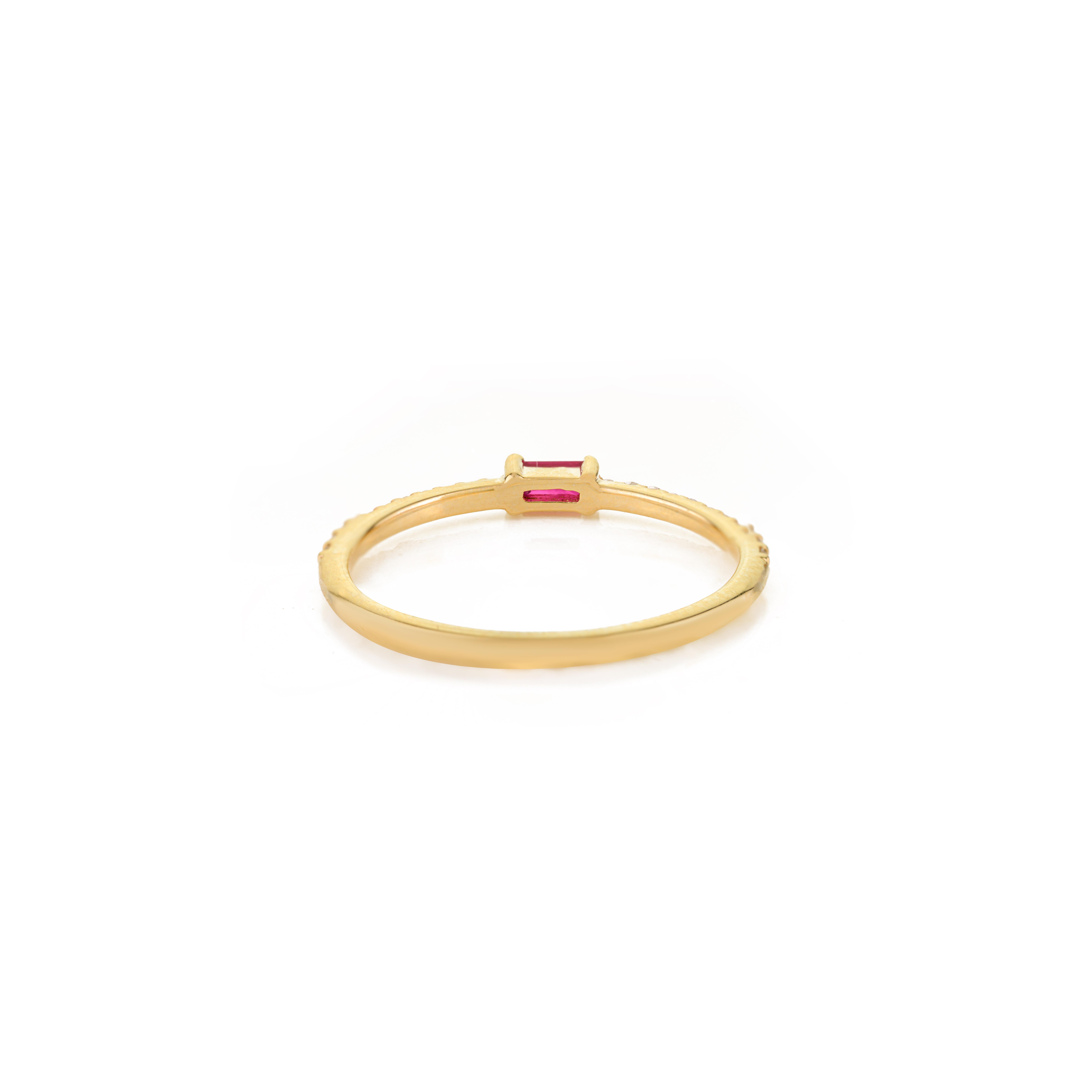 For Sale:  Dainty Baguette Cut Ruby & Diamond Half-Eternity Band Ring in 14k Yellow Gold 9