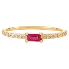 Dainty Baguette Cut Ruby & Diamond Half-Eternity Band Ring in 14k Yellow Gold