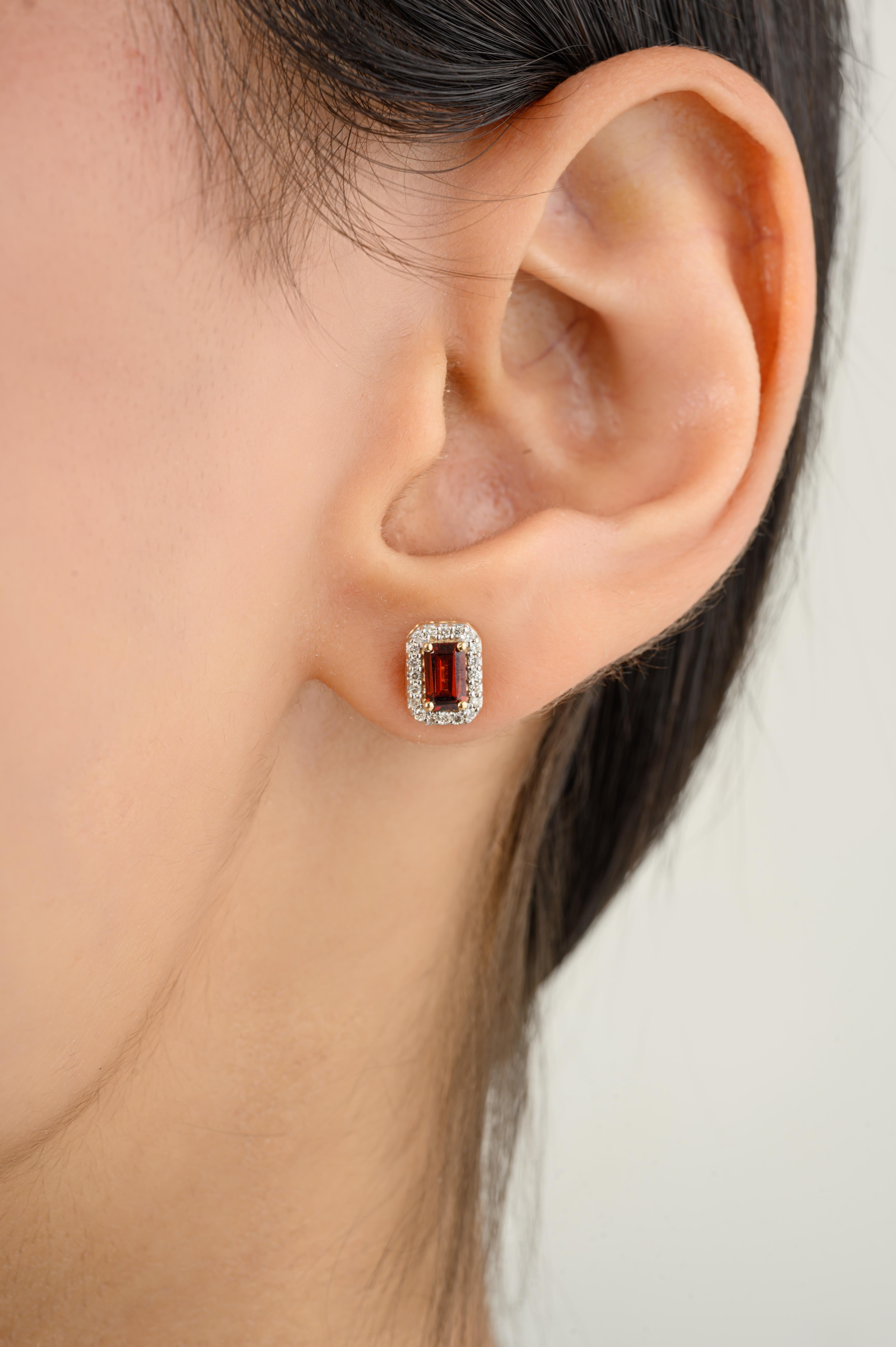 Dainty Baguette Garnet Diamond Halo Stud Earrings in 14K Gold to make a statement with your look. You shall need stud earrings to make a statement with your look. These earrings create a sparkling, luxurious look featuring baguette cut garnet and