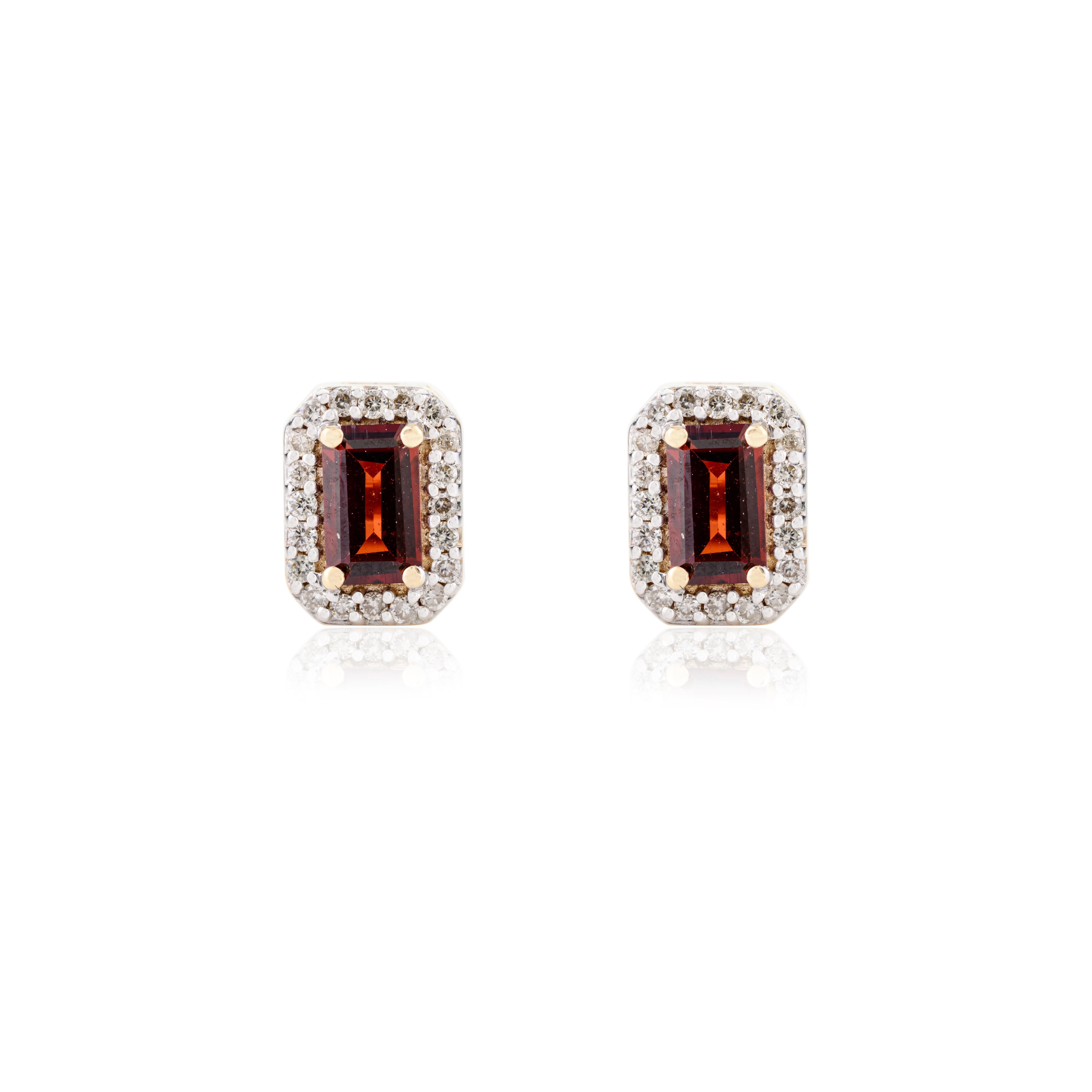 Art Deco Dainty Baguette Garnet Diamond Halo Stud Earrings in 14k Solid Yellow Gold For Sale