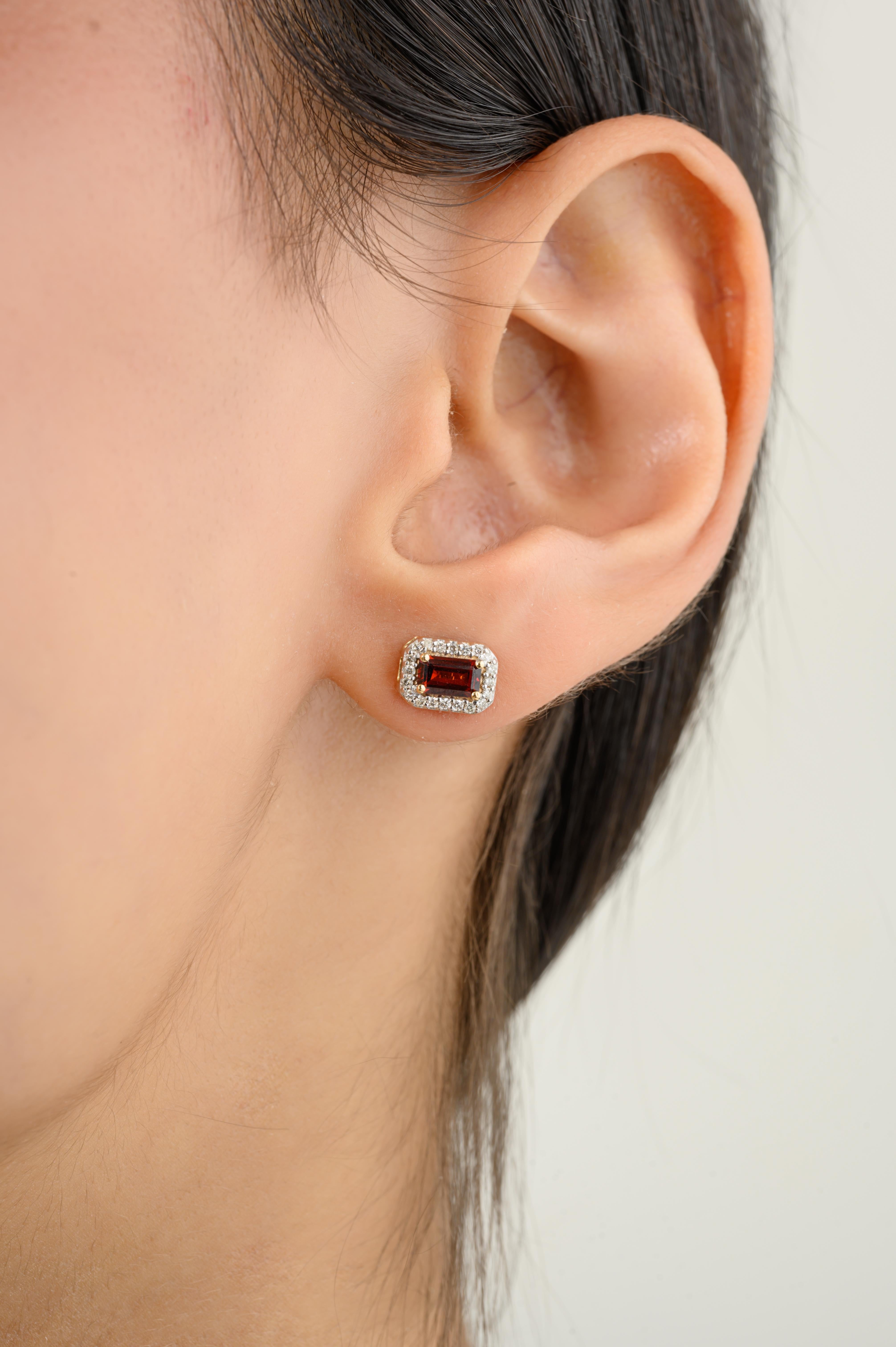 Baguette Cut Dainty Baguette Garnet Diamond Halo Stud Earrings in 14k Solid Yellow Gold For Sale
