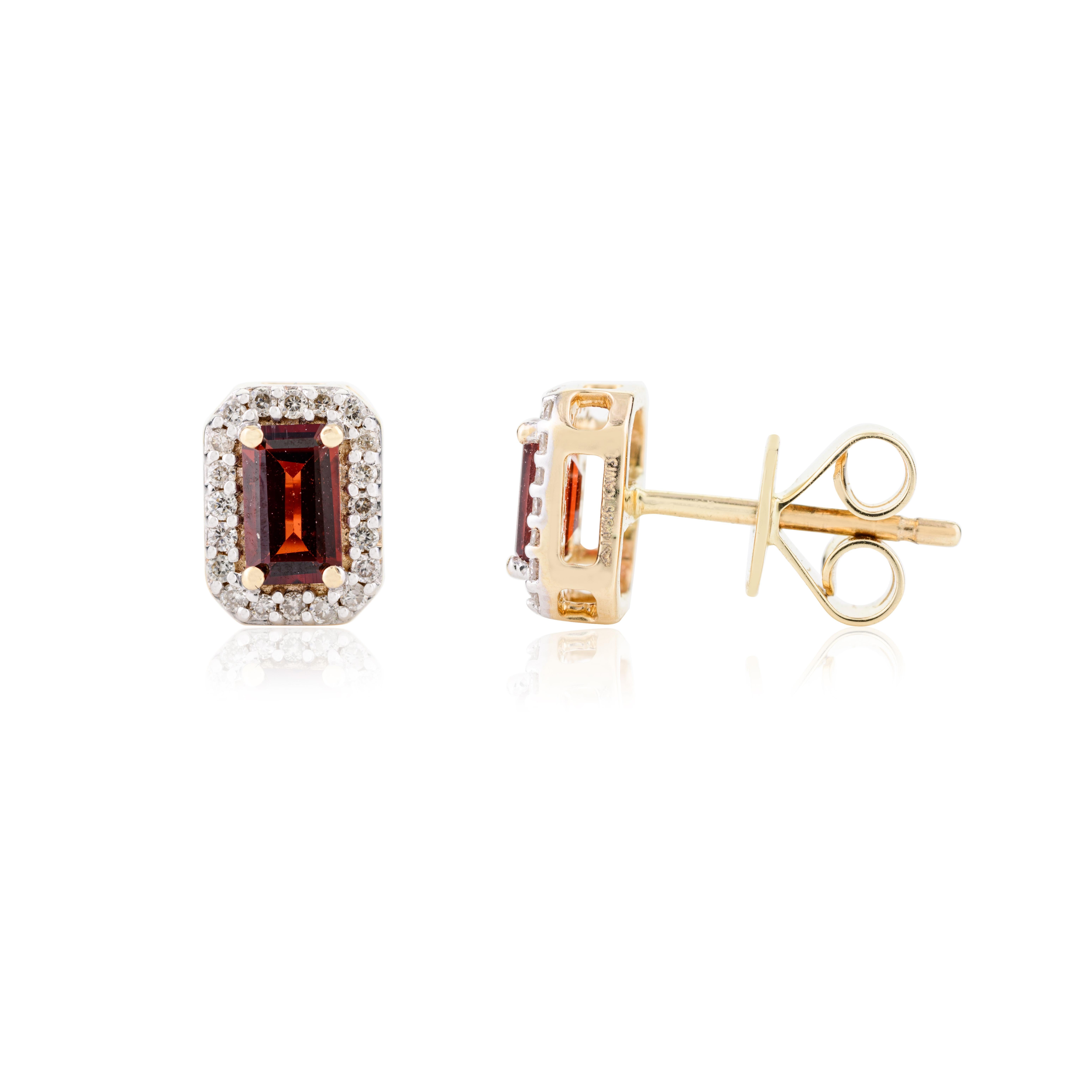 Dainty Baguette Garnet Diamond Halo Stud Earrings in 14k Solid Yellow Gold In New Condition For Sale In New York, NY
