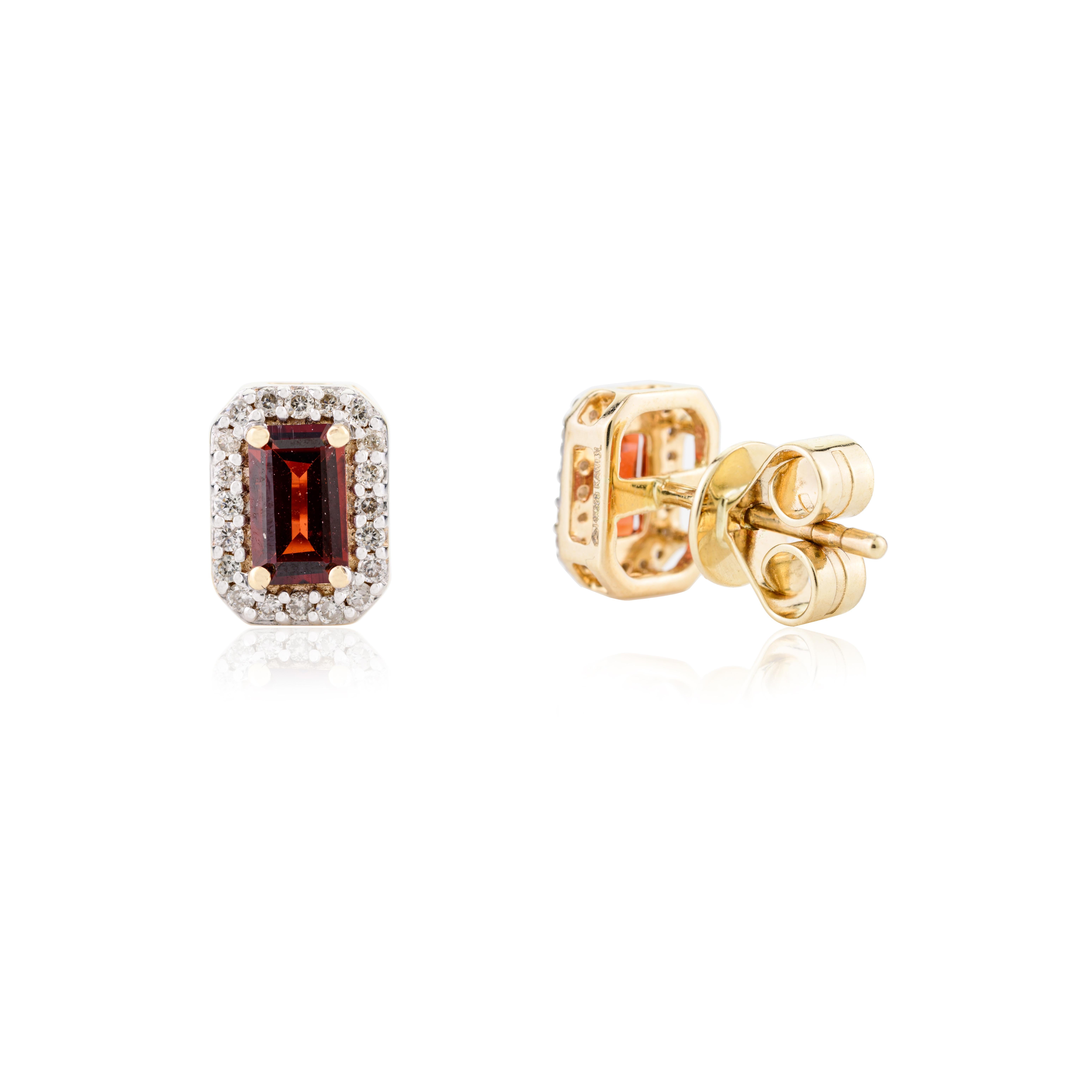 Dainty Baguette Garnet Diamond Halo Stud Earrings in 14k Solid Yellow Gold For Sale 1