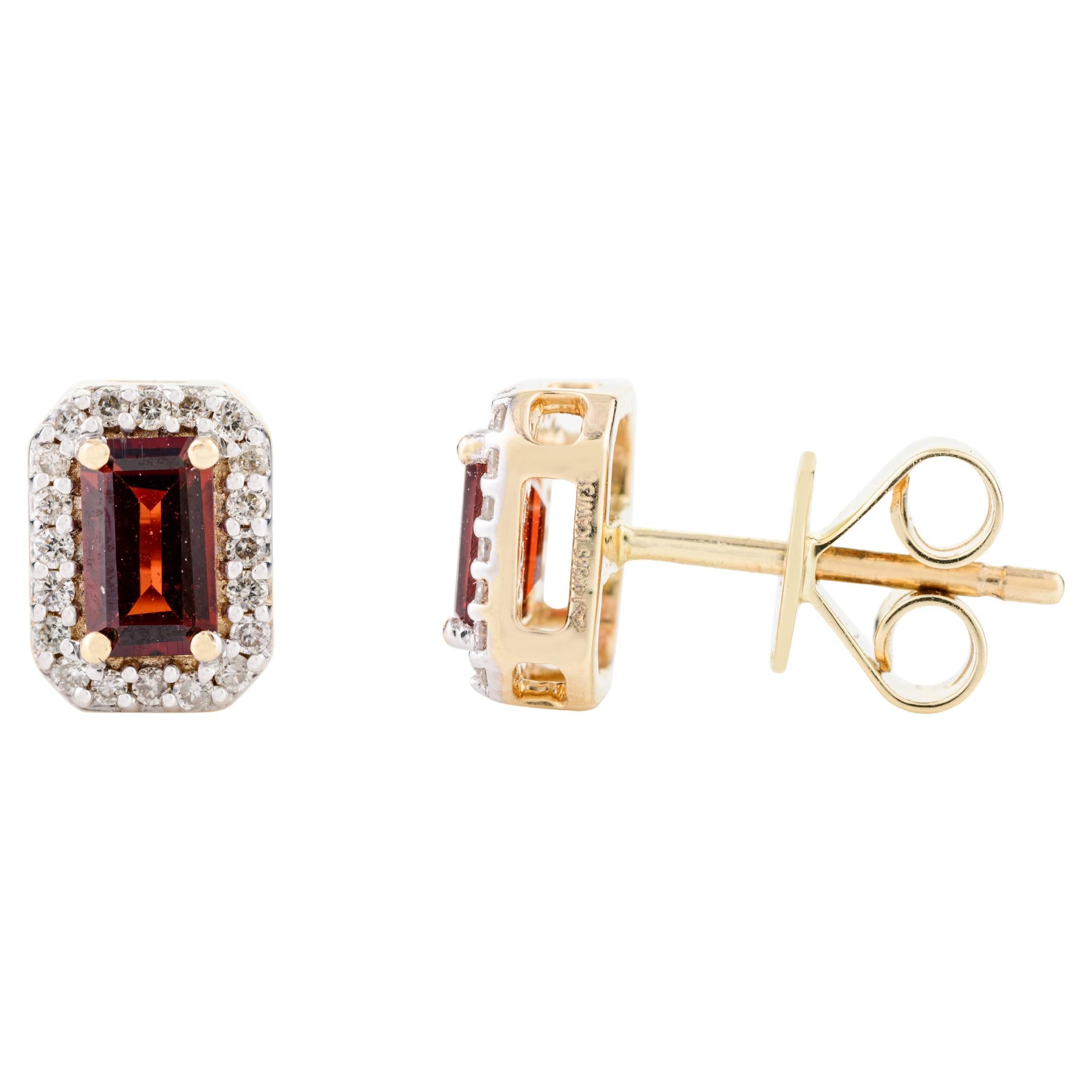 Dainty Baguette Garnet Diamond Halo Stud Earrings in 14k Solid Yellow Gold For Sale