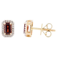 Dainty Baguette Garnet Diamond Halo Stud Earrings in 14k Solid Yellow Gold