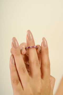 Dainty Baguette Ruby & Diamond Stackable Half Eternity Ring in 14K White Gold