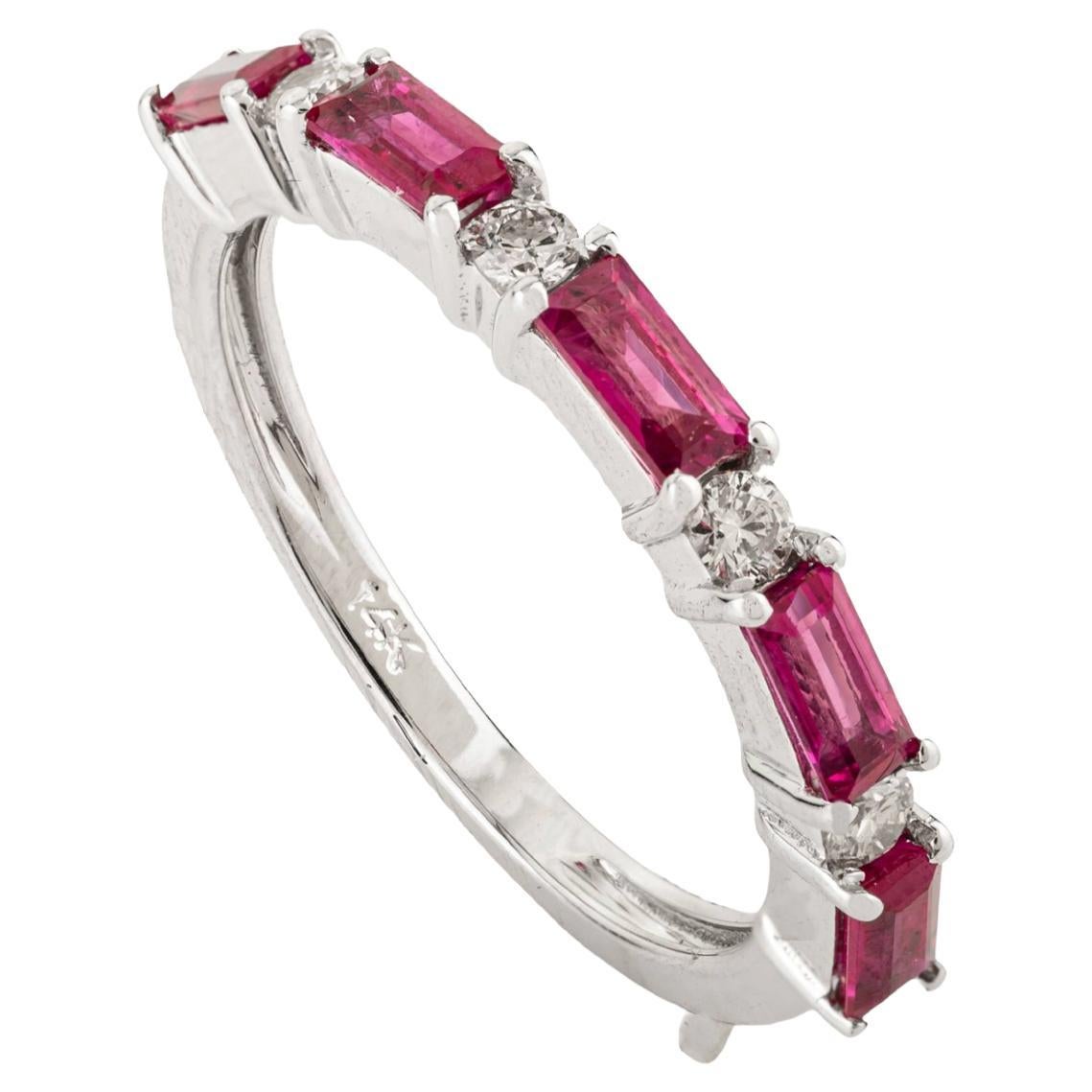 For Sale:  Dainty Baguette Ruby 
Diamond Stackable Half Eternity Ring in 18K White Gold