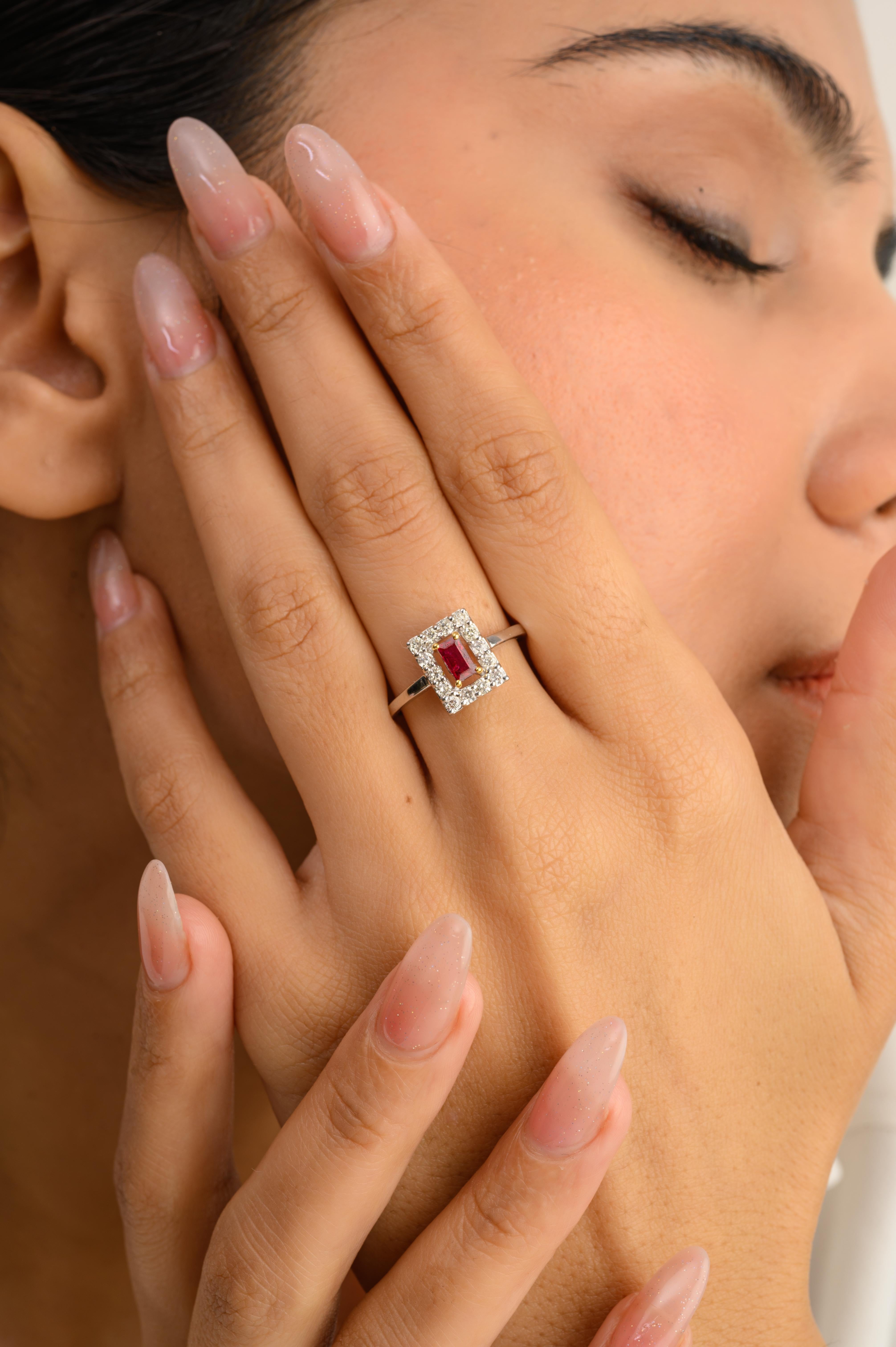 For Sale:  Dainty Baguette Ruby Halo Diamond Ring Gift for Girlfriend in 14k White Gold 2
