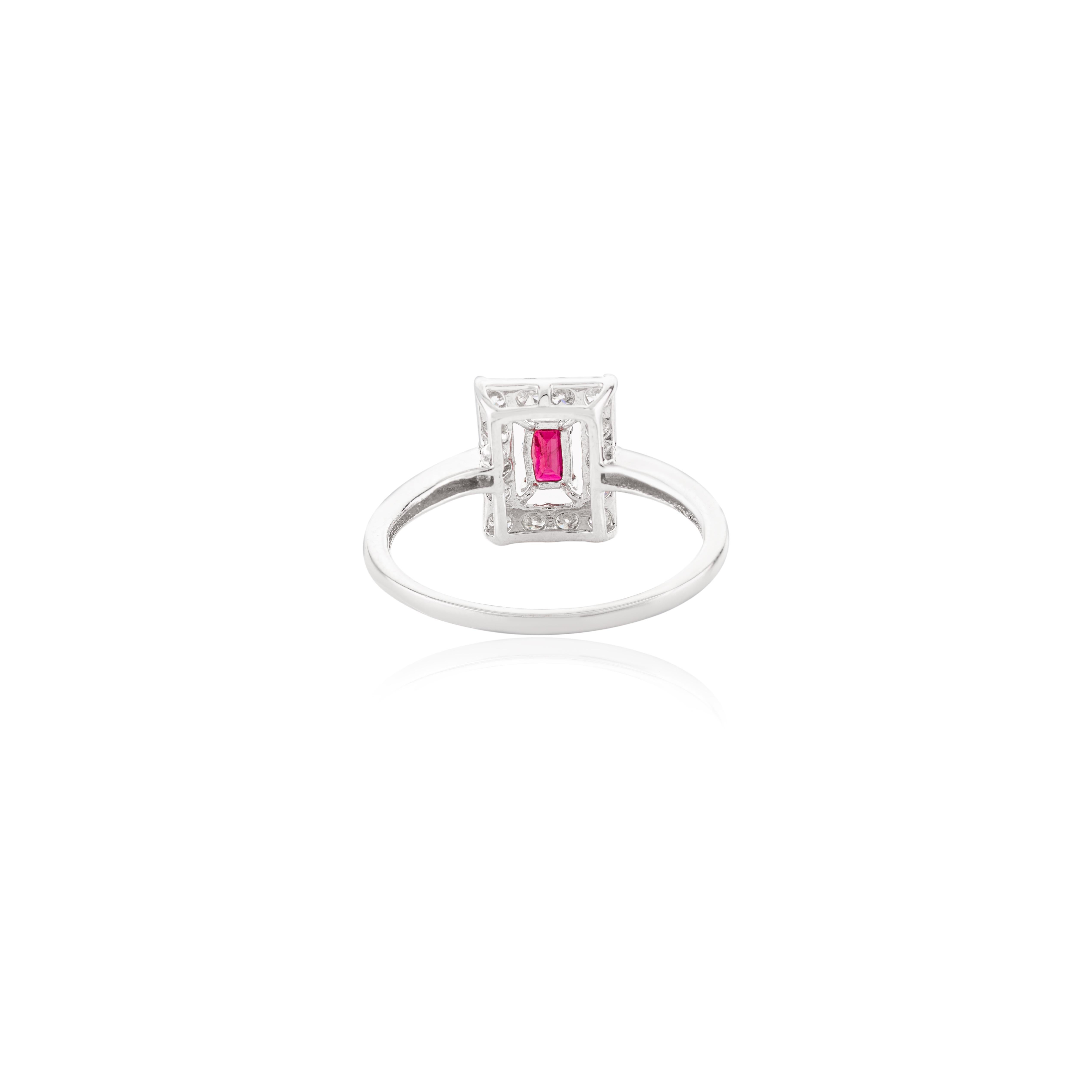 For Sale:  Dainty Baguette Ruby Halo Diamond Ring Gift for Girlfriend in 14k White Gold 7