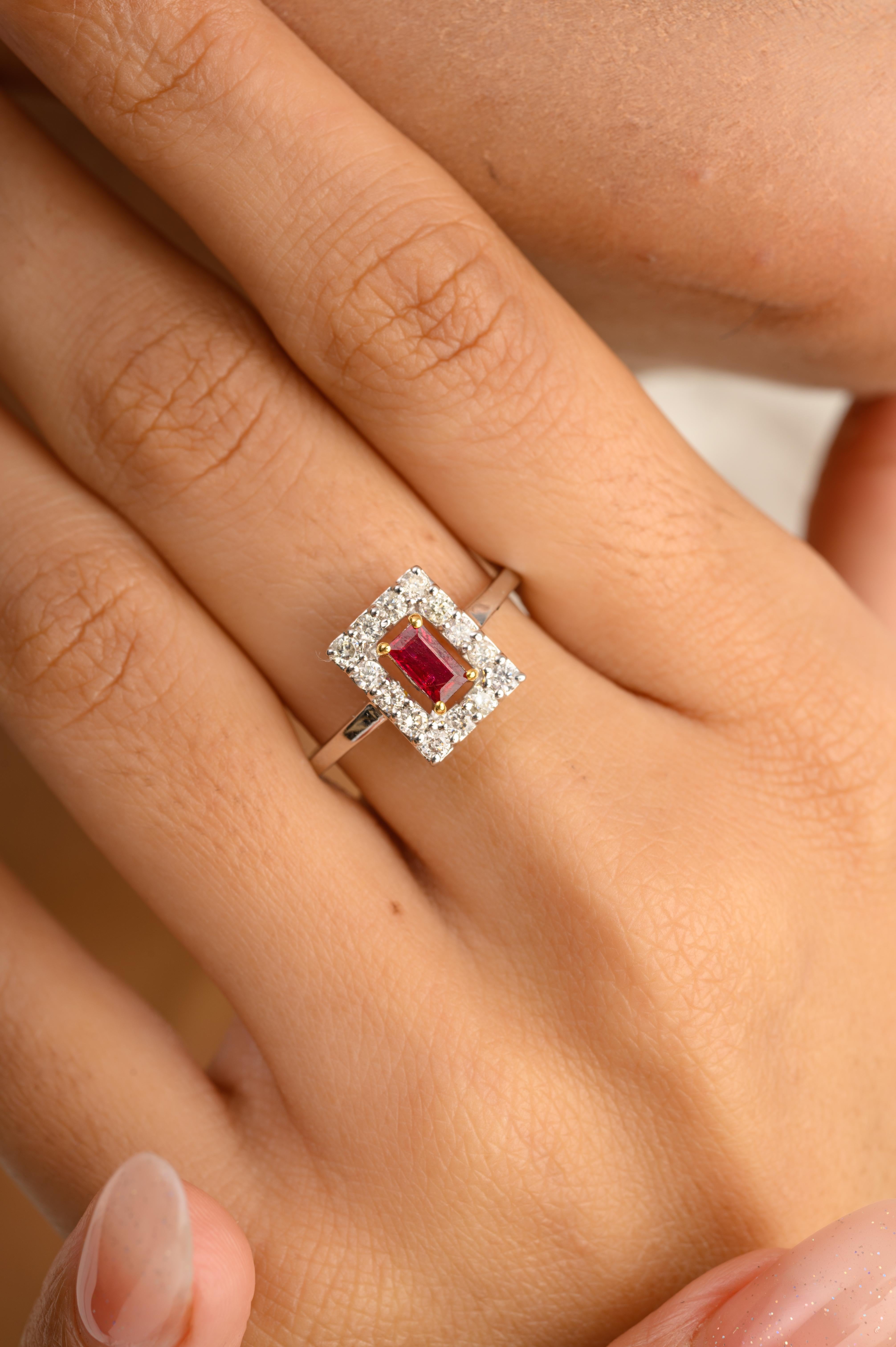 For Sale:  Dainty Baguette Ruby Halo Diamond Ring Gift for Girlfriend in 14k White Gold 4