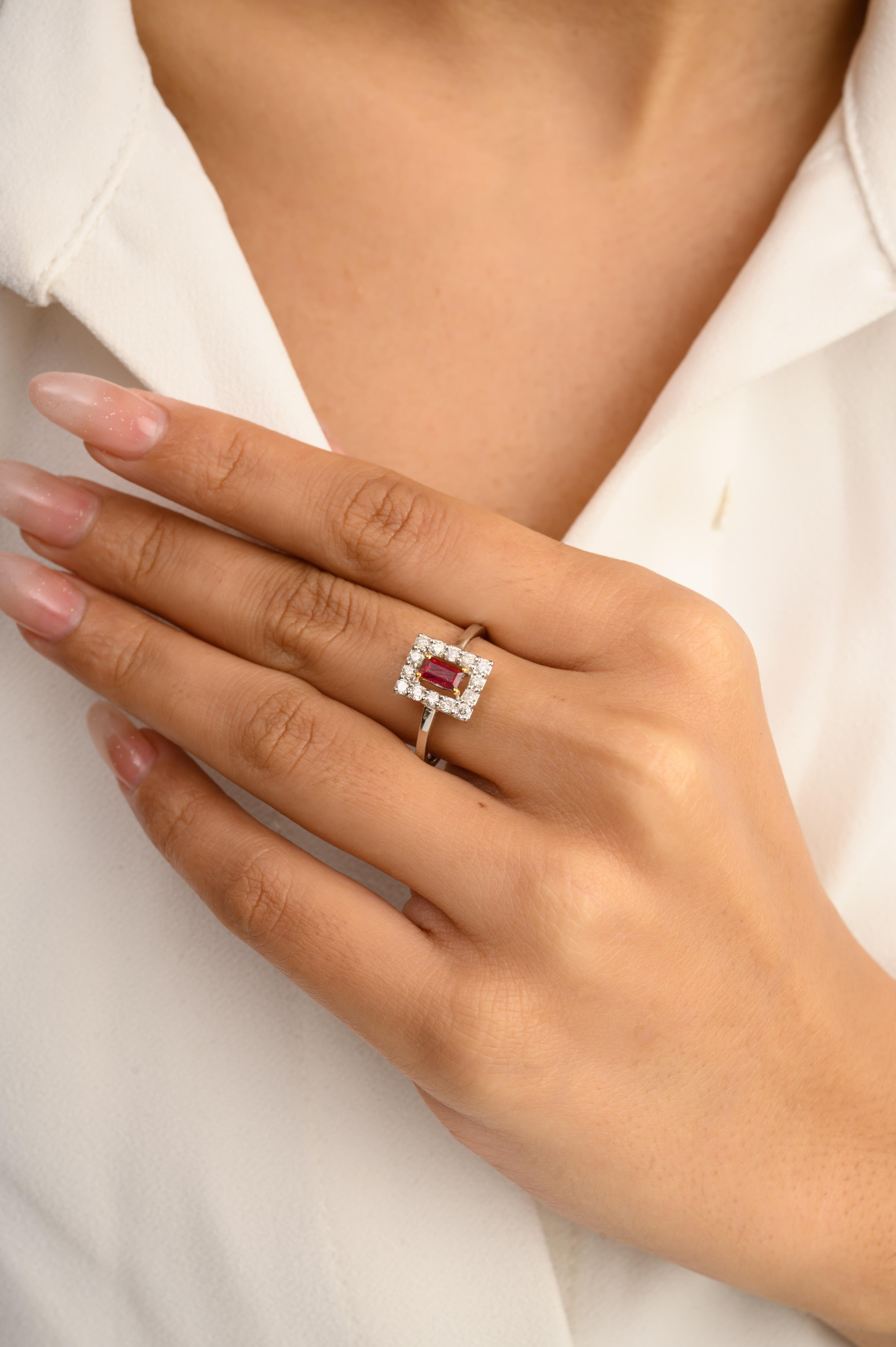 For Sale:  Dainty Baguette Ruby Halo Diamond Ring Gift for Girlfriend in 14k White Gold 6