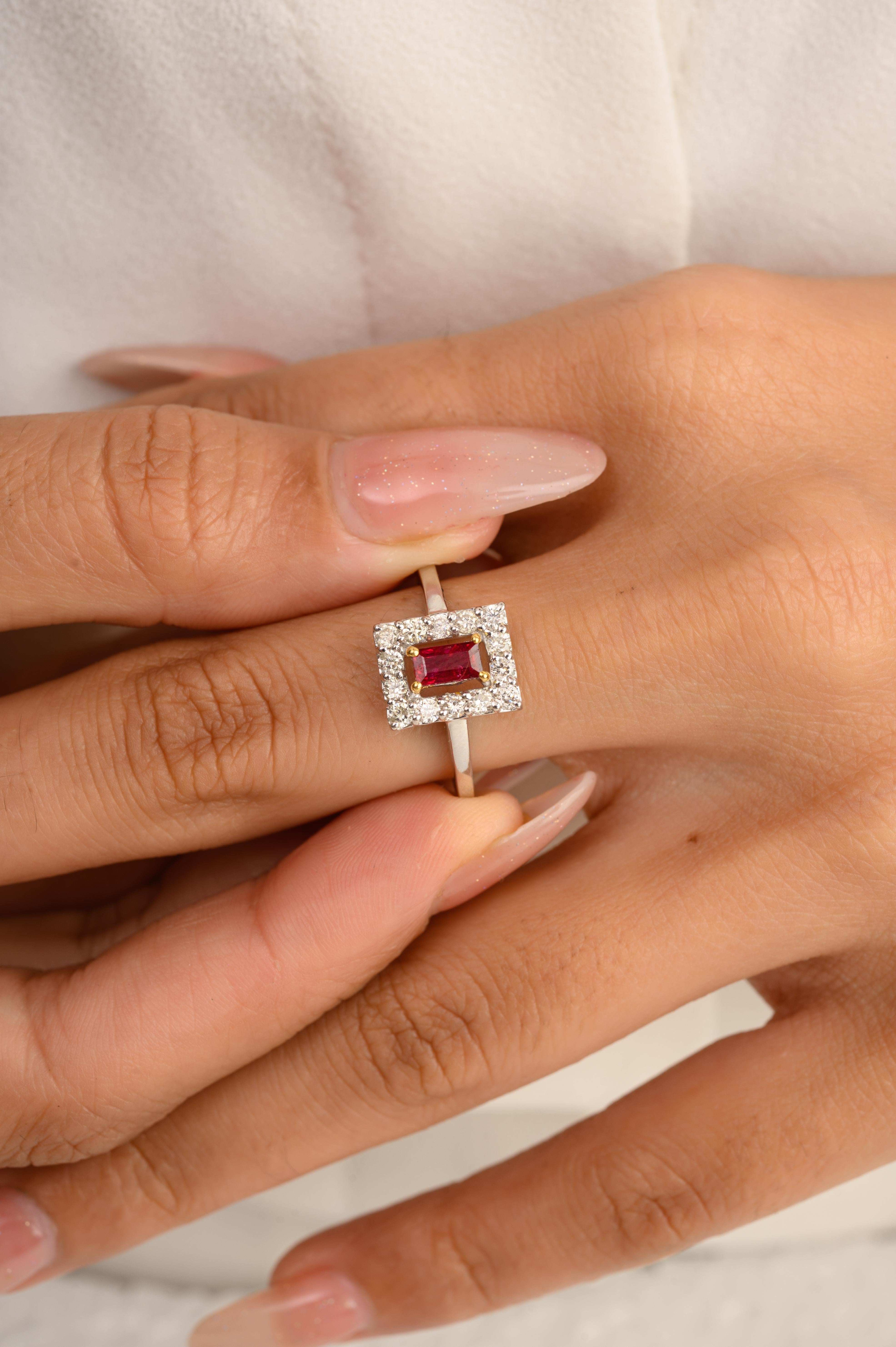 For Sale:  Dainty Baguette Ruby Halo Diamond Ring Gift for Girlfriend in 14k White Gold 8
