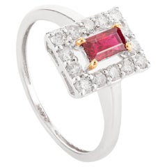 Dainty Baguette Ruby Halo Diamond Ring Gift for Girlfriend in 14k White Gold