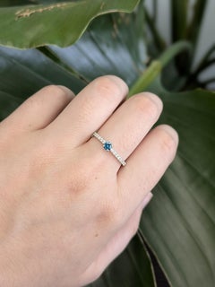 Dainty Blue Diamond Ring with Natural Diamond Accents: 14K White Gold, RD 3.5mm