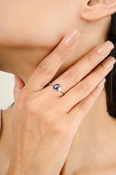 Genuine Blue Sapphire Diamond Two Stone Ring in 14k Solid White Gold