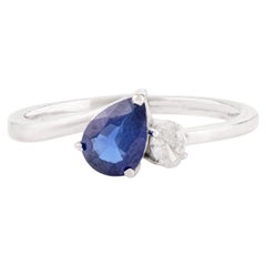 Echter blauer Saphir-Diamant-Zwei-Stein-Ring aus massivem 14k Weißgold