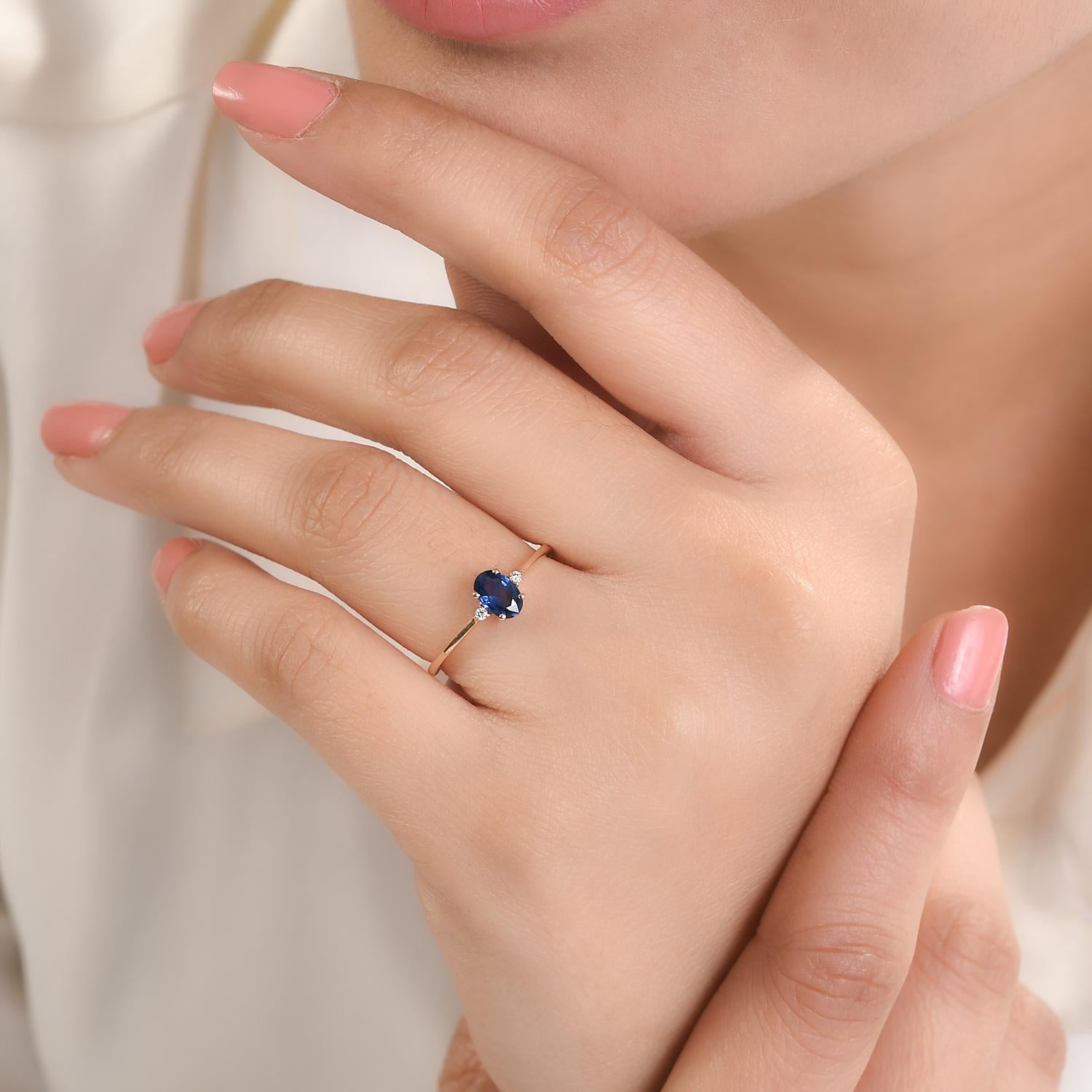For Sale:  Dainty Blue Sapphire Diamond Ring for Her Made in 14k Solid Yellow Gold 8