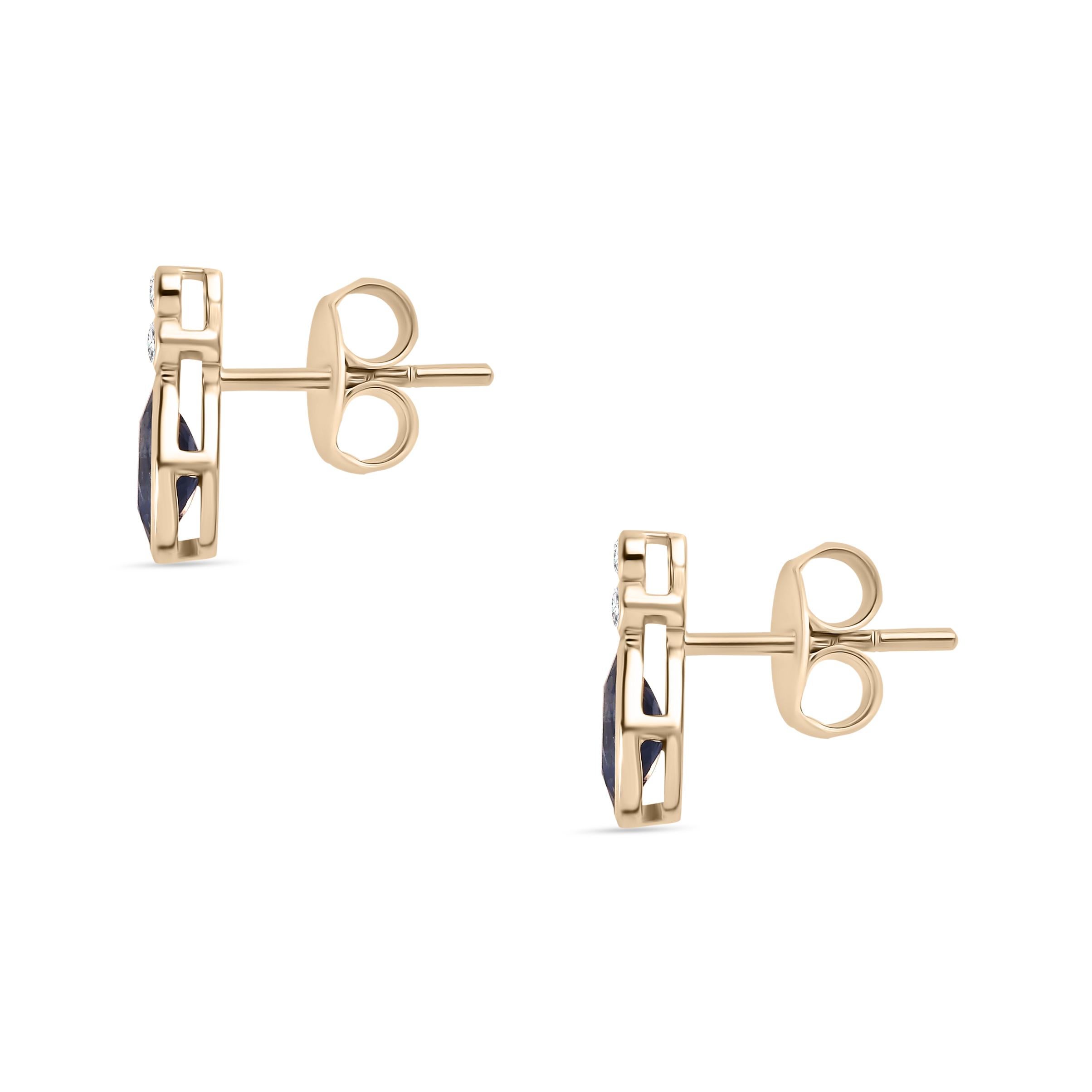 Art Deco Dainty Blue Sapphire Diamond Stud Earrings Made in 14k Solid Yellow Gold For Sale