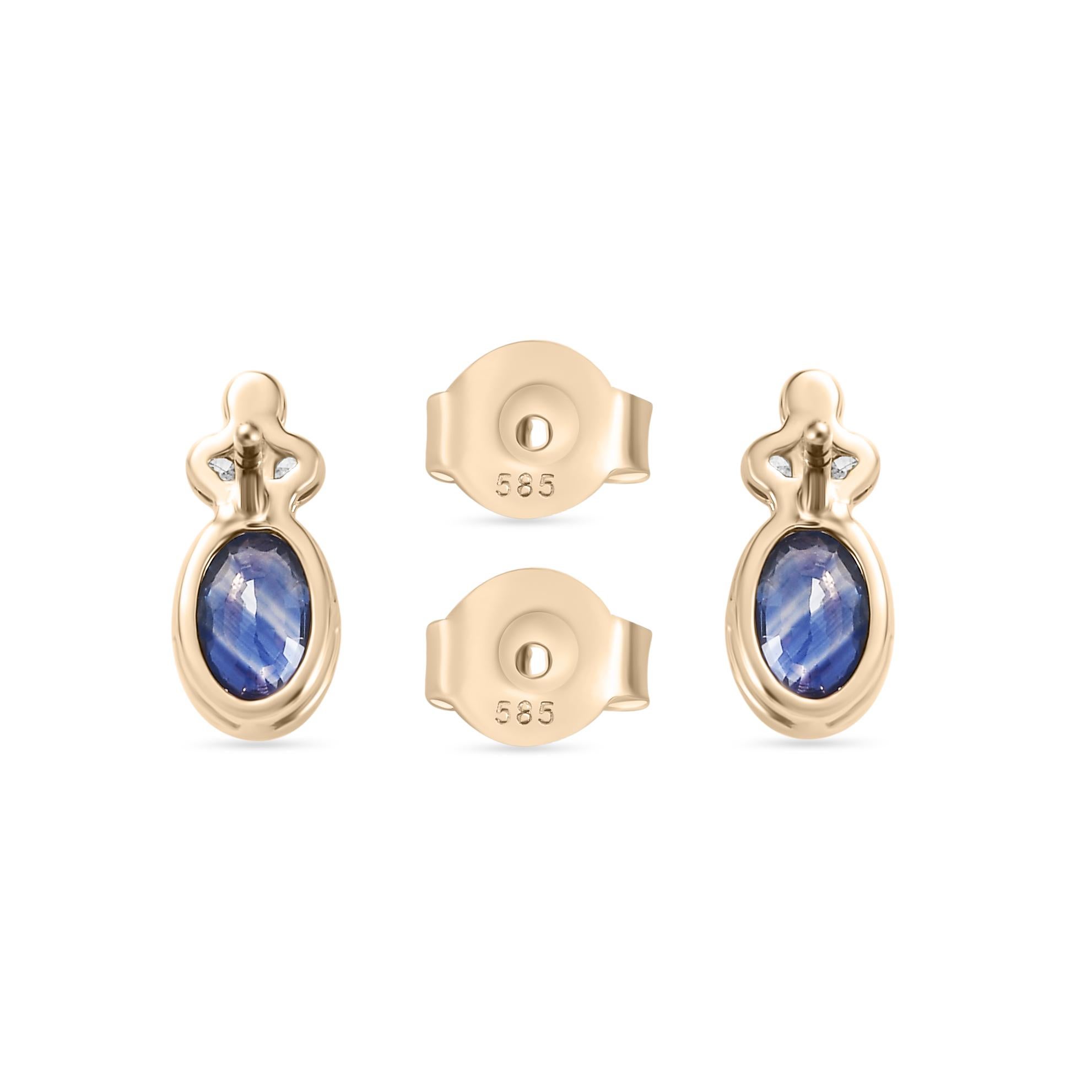 Dainty Blue Sapphire Diamond Stud Earrings Made in 14k Solid Yellow Gold For Sale 1