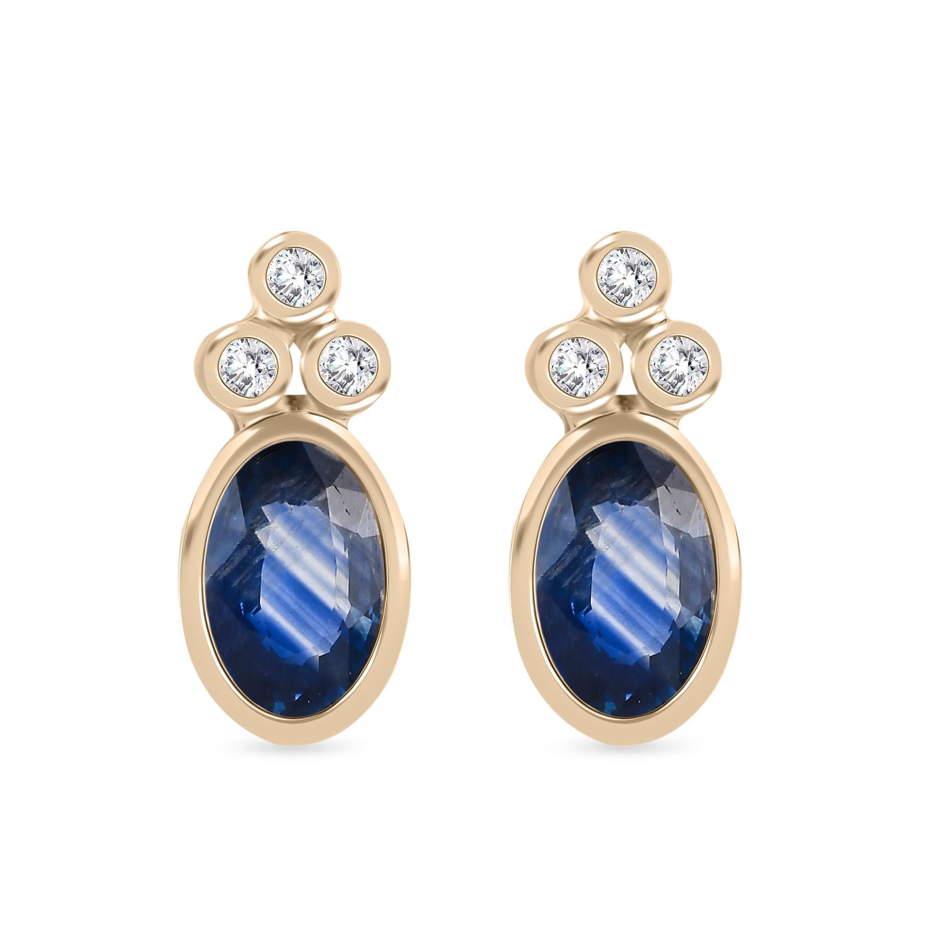 Dainty Blue Sapphire Diamond Stud Earrings Made in 14k Solid Yellow Gold For Sale 3