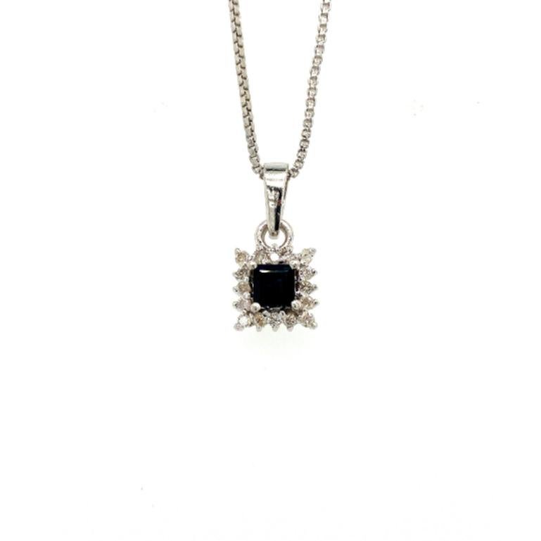 Modern Dainty Blue Sapphire Halo Diamond Pendant Necklace in Sterling Silver Mom Gift For Sale