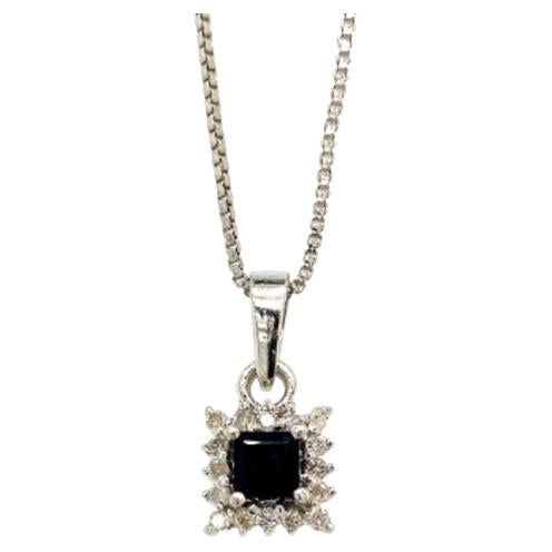 Dainty Blue Sapphire Halo Diamond Pendant Necklace in Sterling Silver Mom Gift For Sale