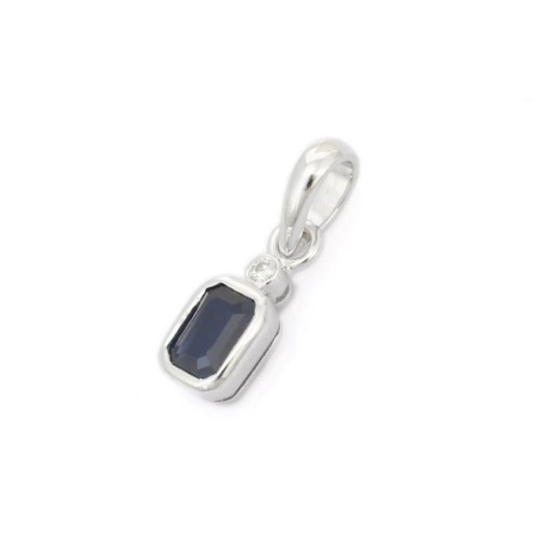 Dainty Blue Sapphire Pendant in sterling silver studded with octagon cut blue sapphire and round cut diamonds. This stunning piece of jewelry instantly elevates a casual look or dressy outfit.
Blue Sapphire brings energy, calmness and happiness into